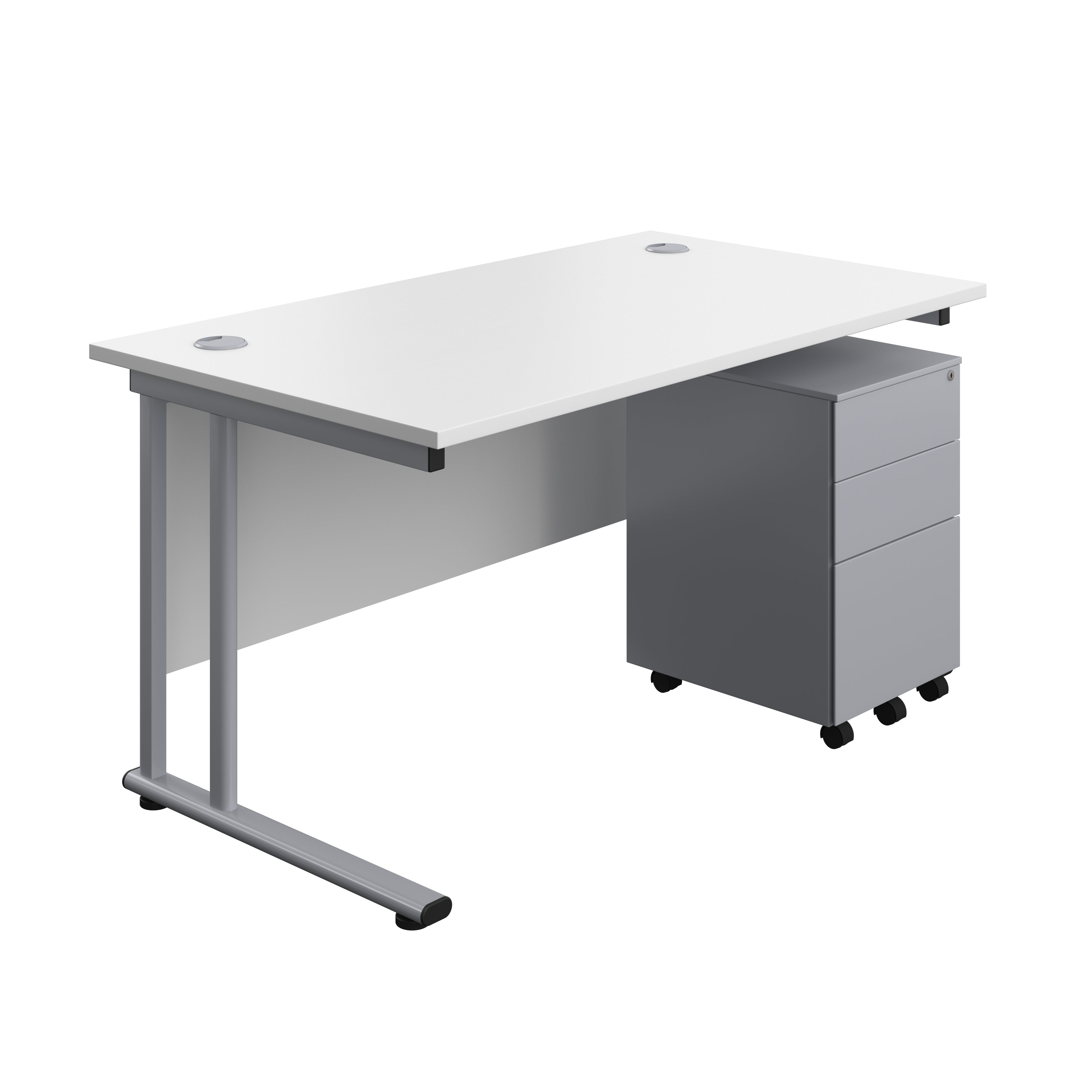 Twin Upright Rectangular Desk + Under Desk Steel Pedestal 3 Drawers (FSC) | 1400X800 | White/Silver
