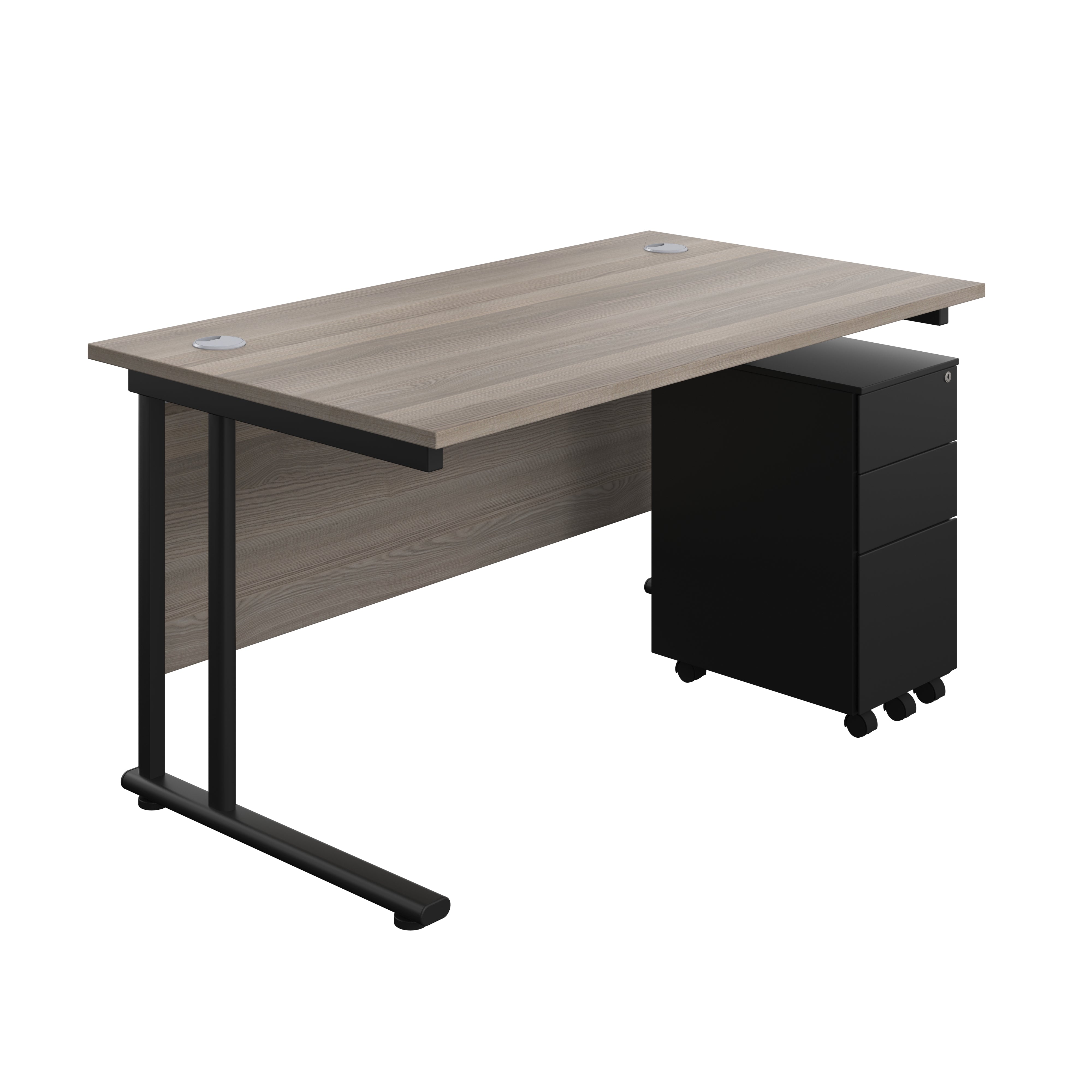 Twin Upright Rectangular Desk + Slimline Steel Pedestal 3 Drawers (FSC) | 1400X800 | Grey Oak/Black