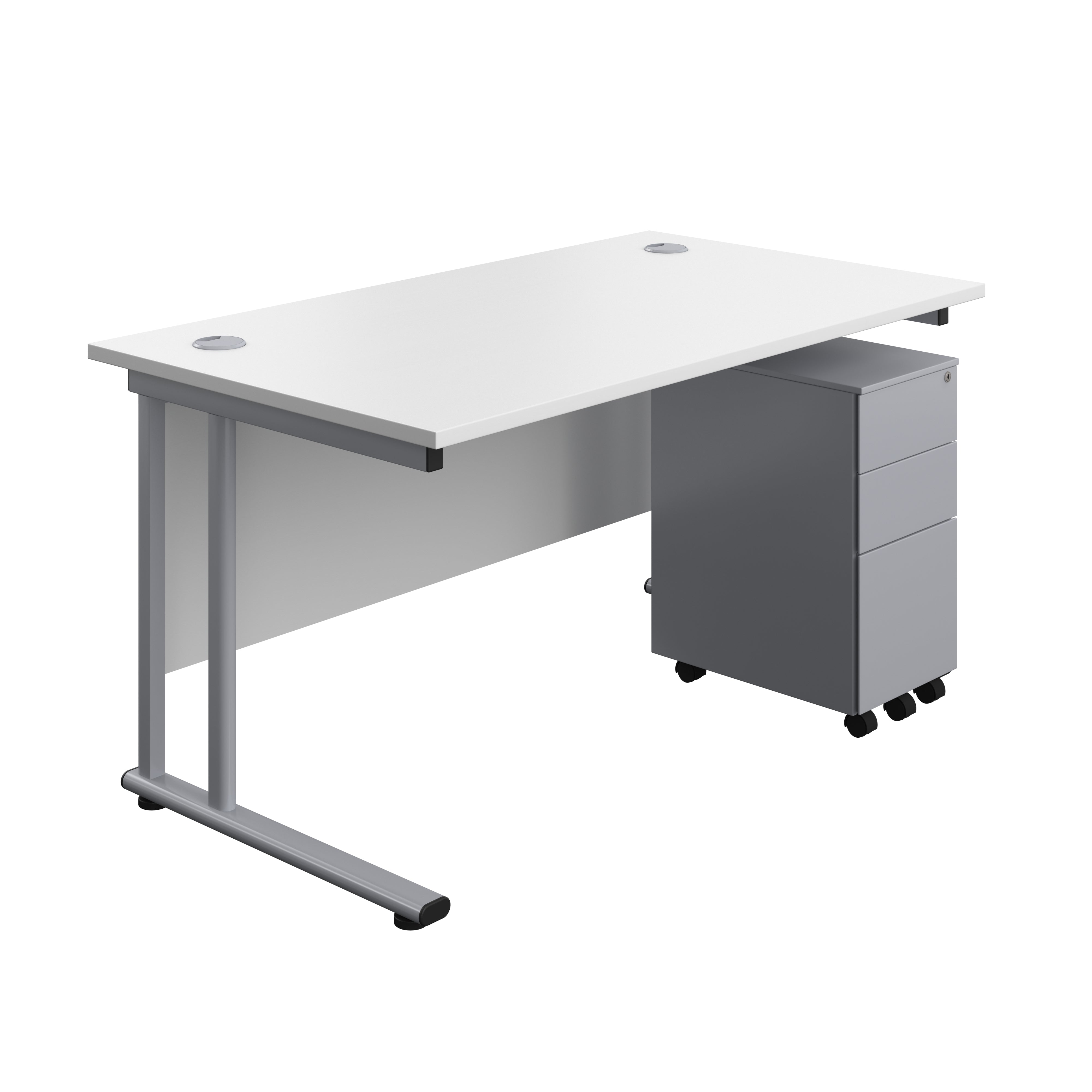 Twin Upright Rectangular Desk + Slimline Steel Pedestal 3 Drawers (FSC) | 1400X800 | White/Silver