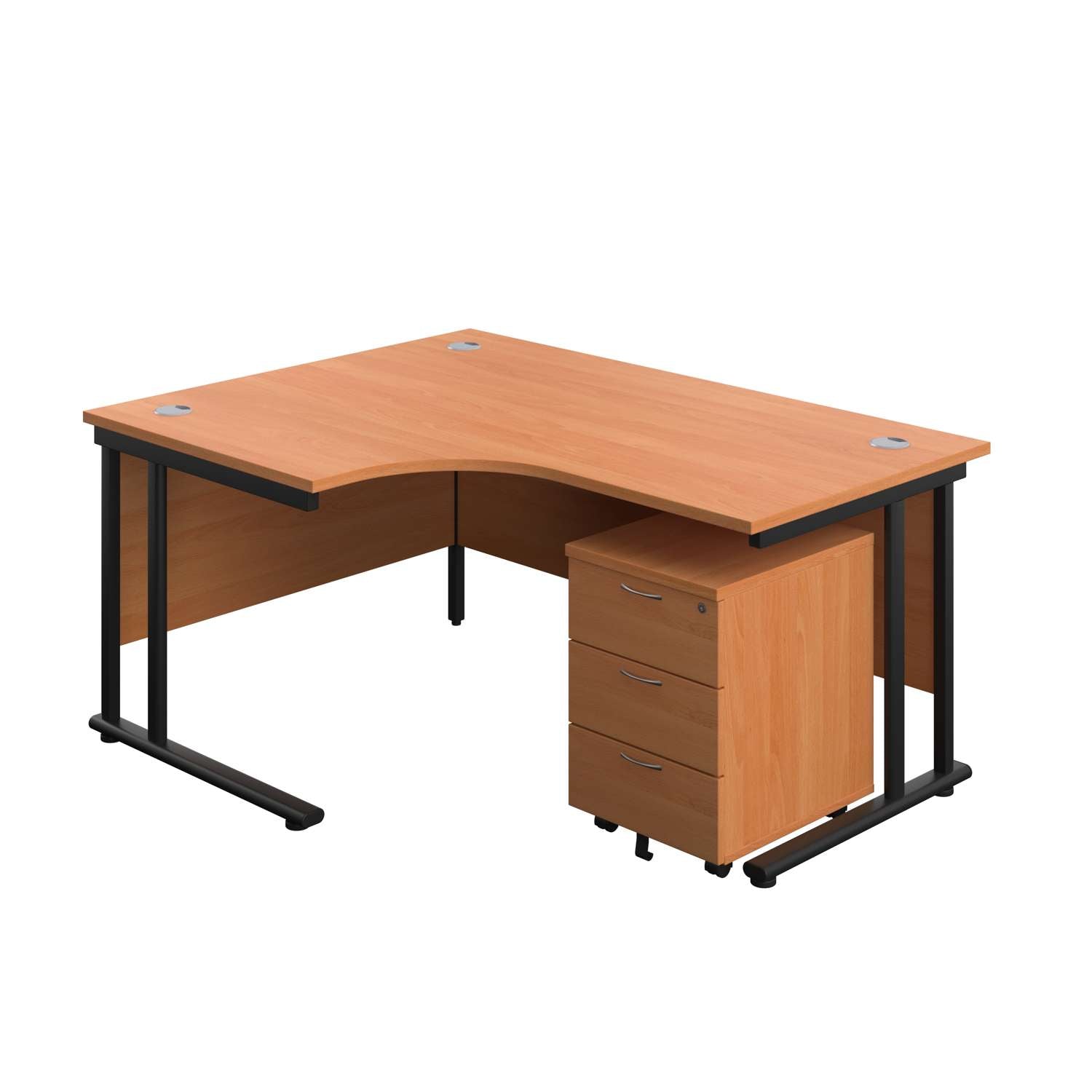 Twin Upright Left Hand Radial Desk + Mobile 3 Drawer Pedestal (FSC) | 1600X1200 | Beech/Black