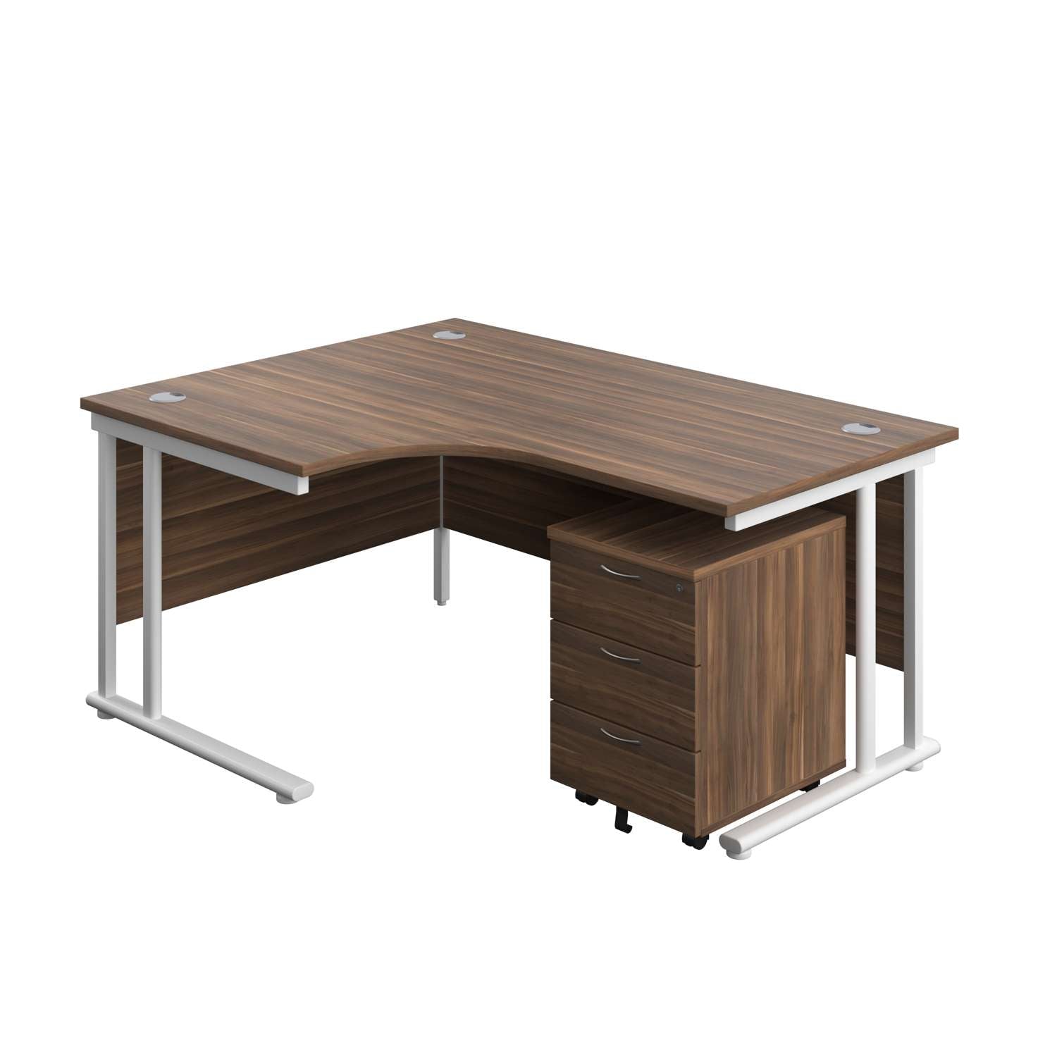 Twin Upright Left Hand Radial Desk + Mobile 3 Drawer Pedestal (FSC) | 1600X1200 | Dark Walnut/White