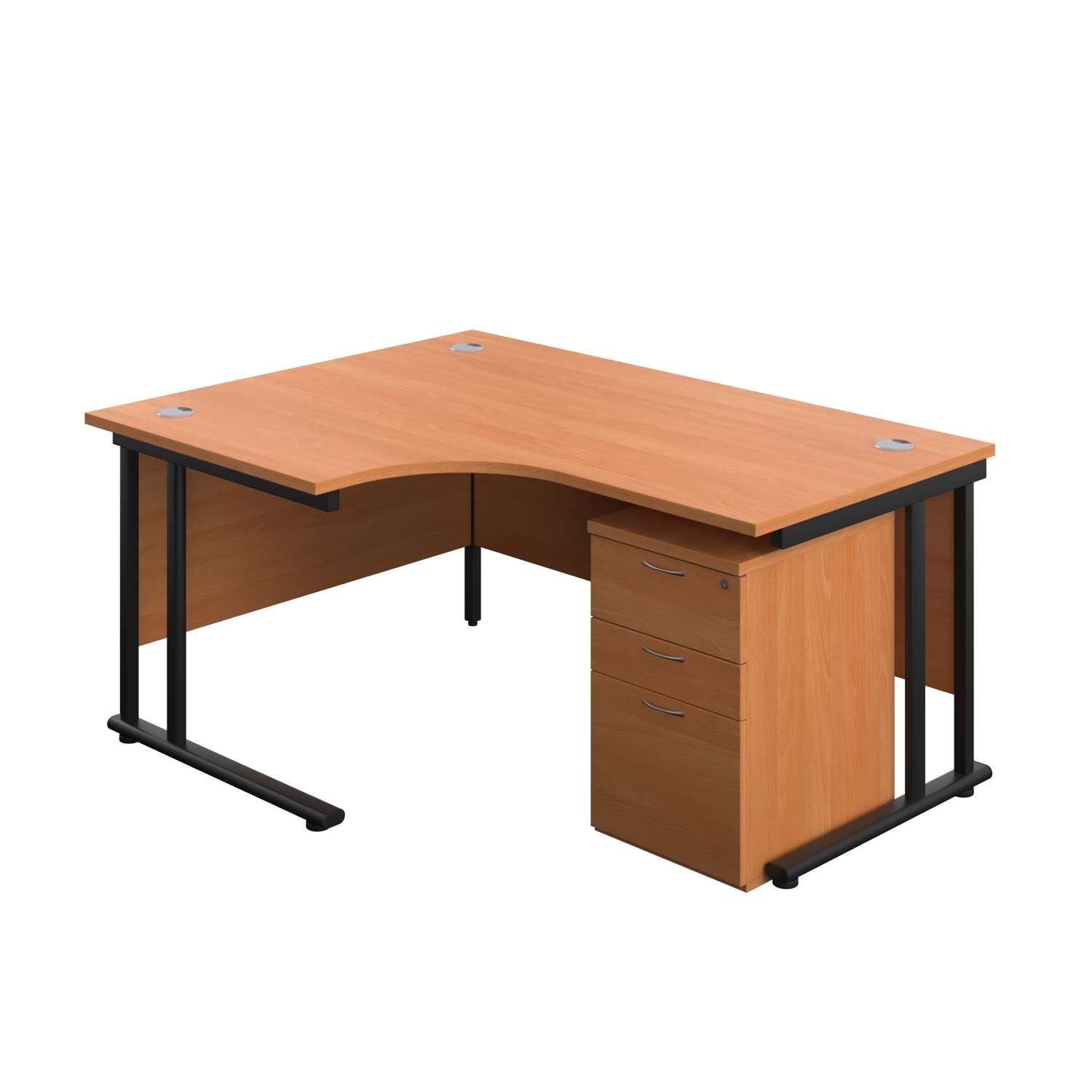 Twin Upright Left Hand Radial Desk + High Mobile Pedestal 3 Drawer (FSC) | 1600X1200 | Beech/Black