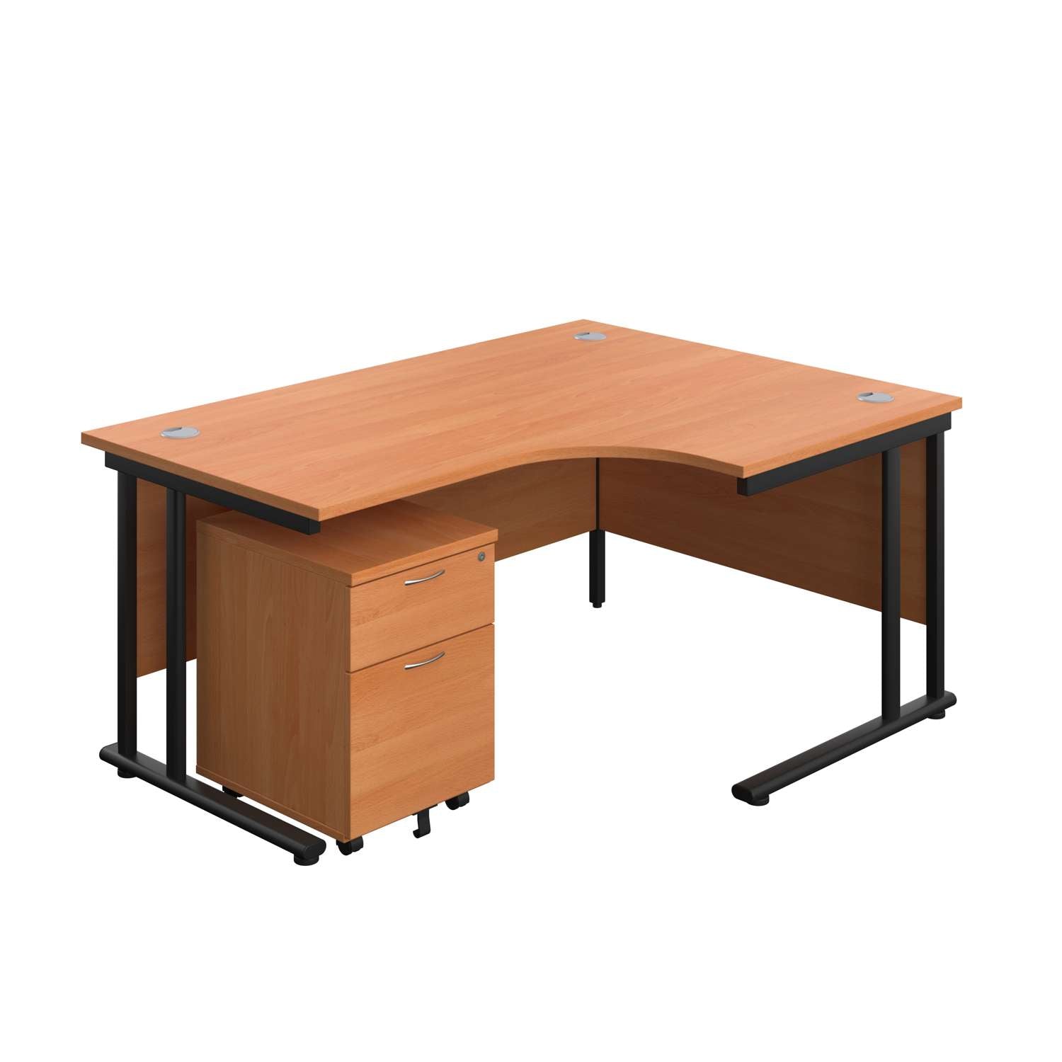 Twin Upright Right Hand Radial Desk + Mobile 2 Drawer Pedestal (FSC) | 1600X1200 | Beech/Black