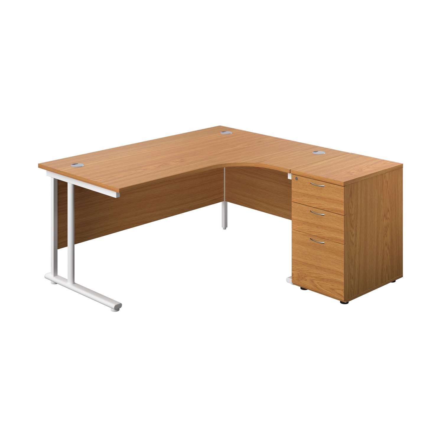 Twin Upright Right Hand Radial Desk + Desk High 3 Drawer Pedestal (FSC) | 1600X1200 | 600mm Deep Pedestal | Nova Oak/White