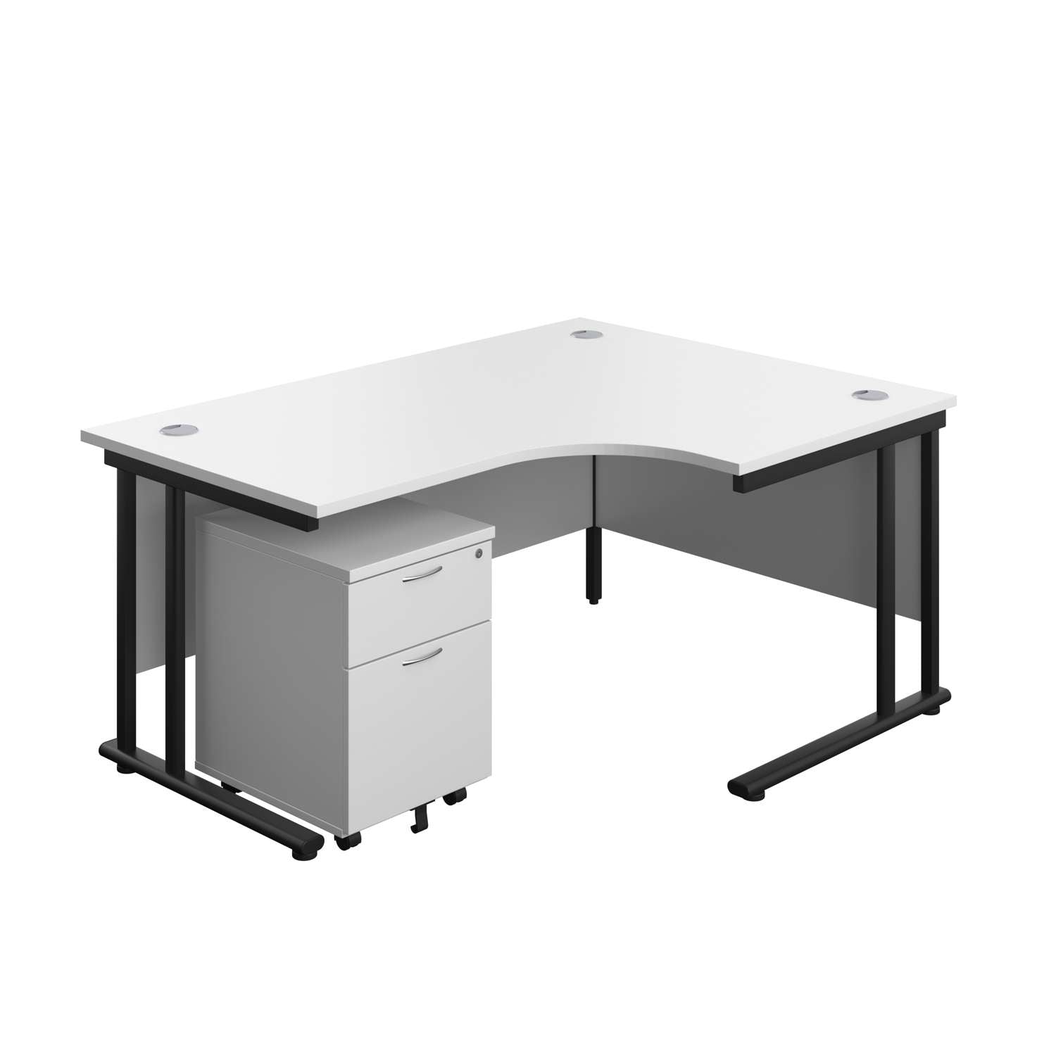 Twin Upright Right Hand Radial Desk + Mobile 2 Drawer Pedestal (FSC) | 1600X1200 | White/Black