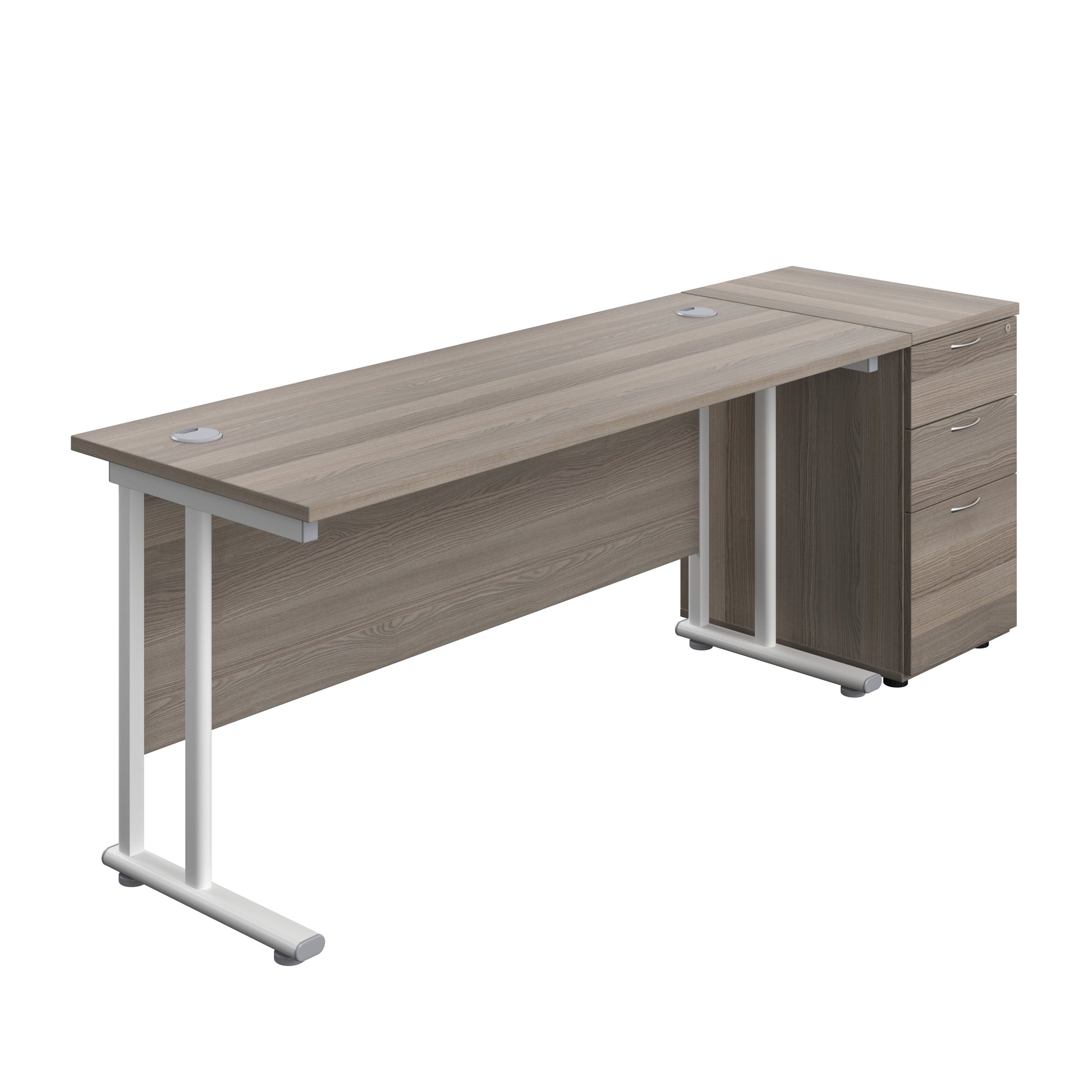 Twin Upright Rectangular Desk + Desk High 3 Drawer Pedestal (FSC) | 1600X600 | Grey Oak/White