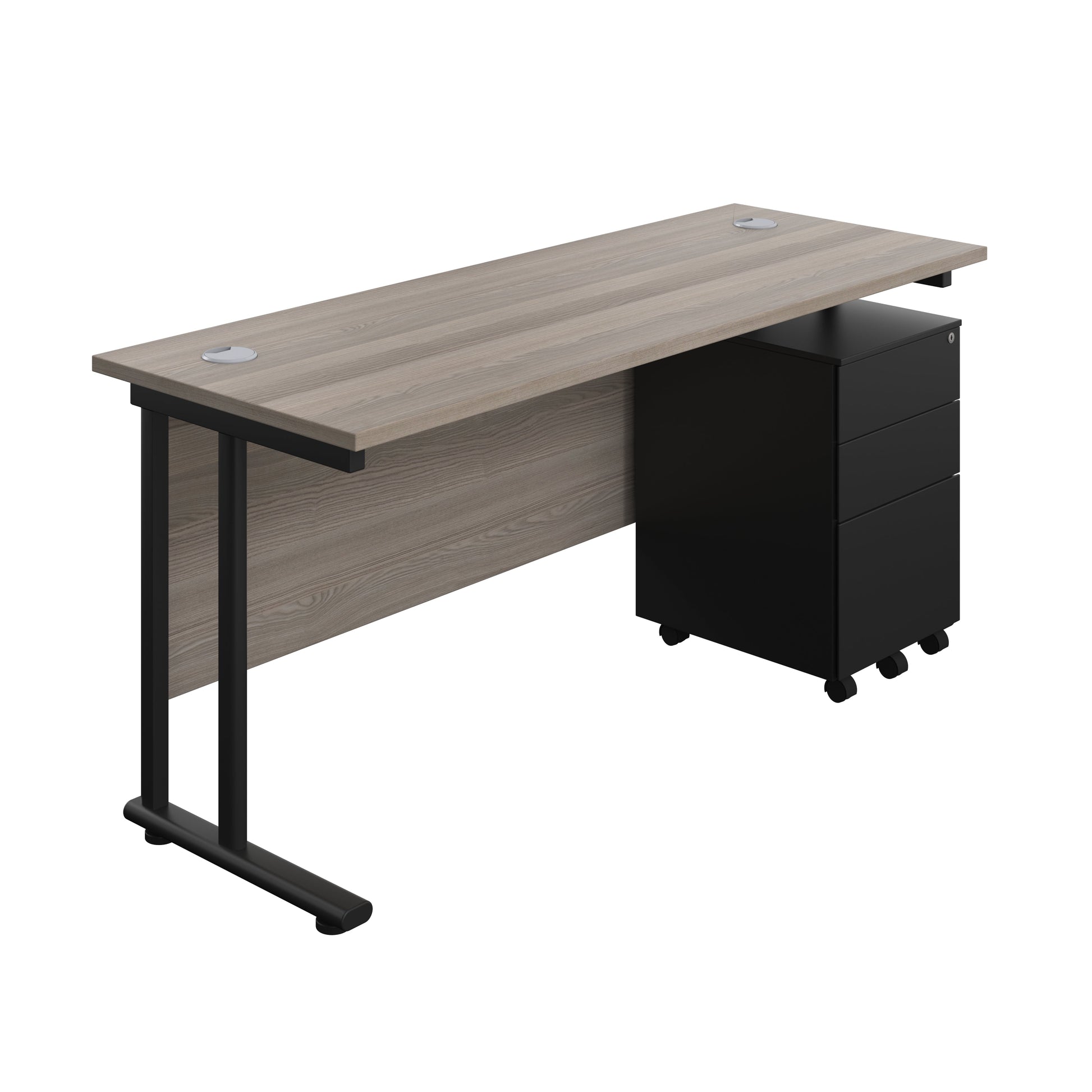 Twin Upright Rectangular Desk + Under Desk Steel Pedestal 3 Drawers (FSC) | 1600X600 | Grey Oak/Black