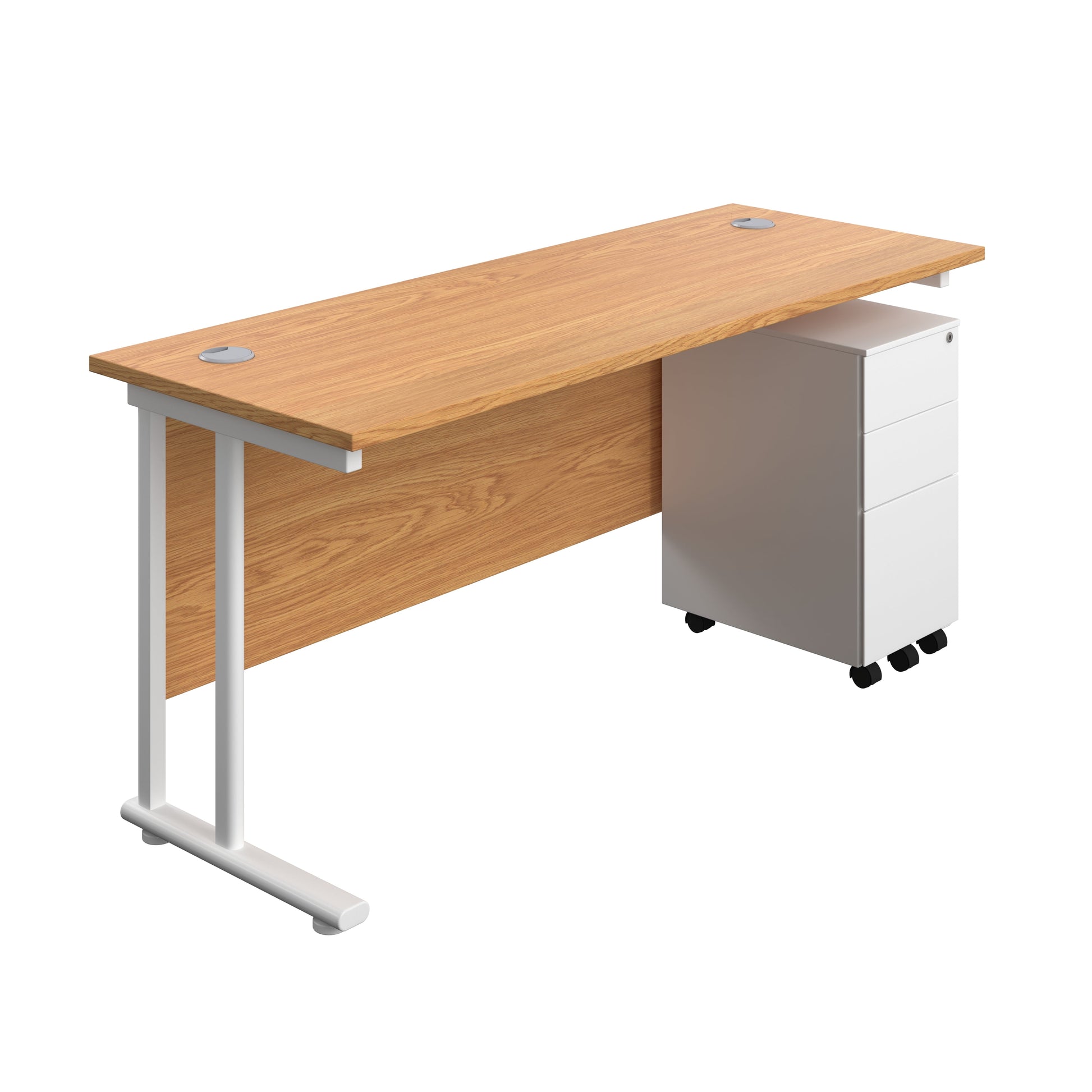Twin Upright Rectangular Desk + Slimline Steel Pedestal 3 Drawers (FSC) | 1600X600 | Nova Oak/White