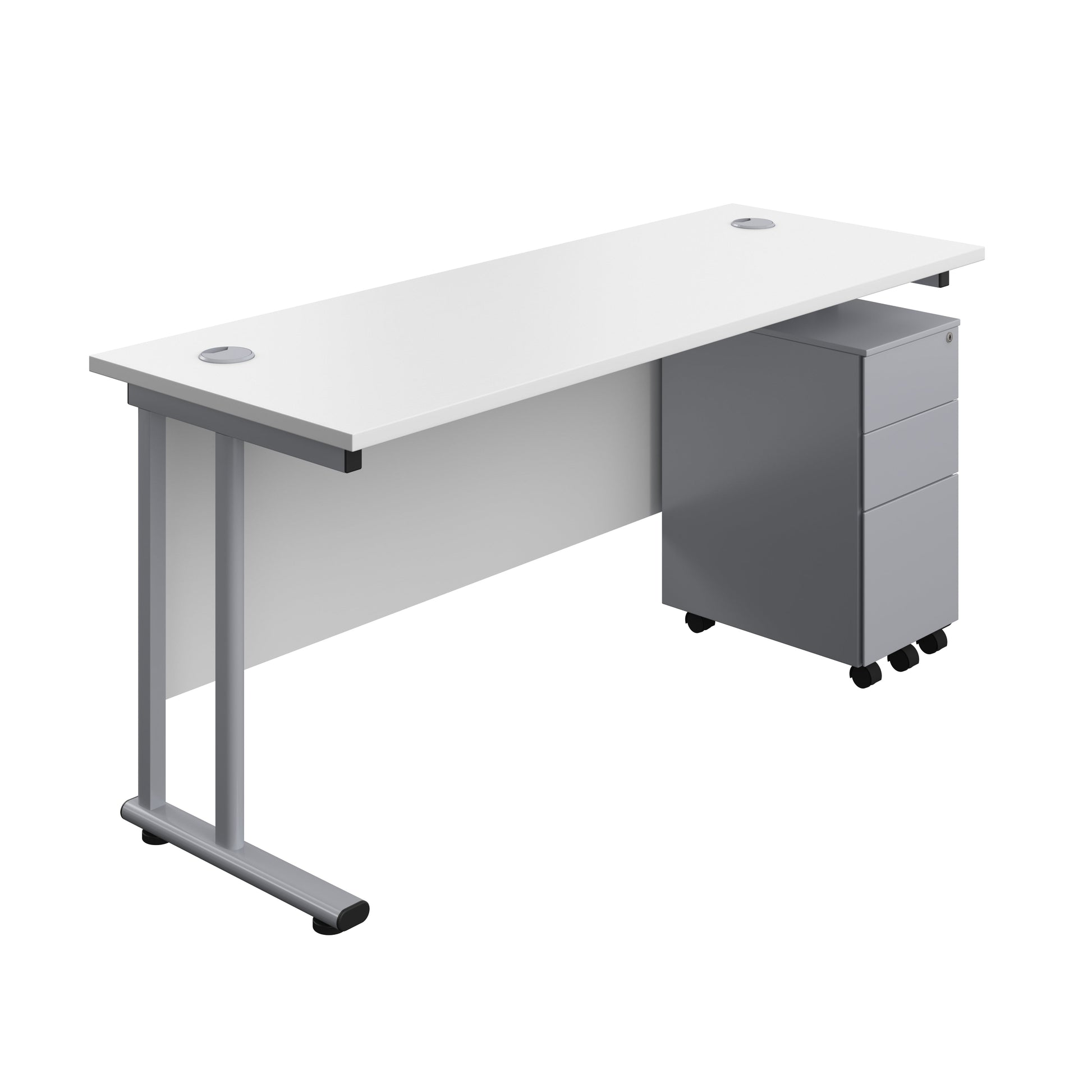 Twin Upright Rectangular Desk + Slimline Steel Pedestal 3 Drawers (FSC) | 1600X600 | White/Silver