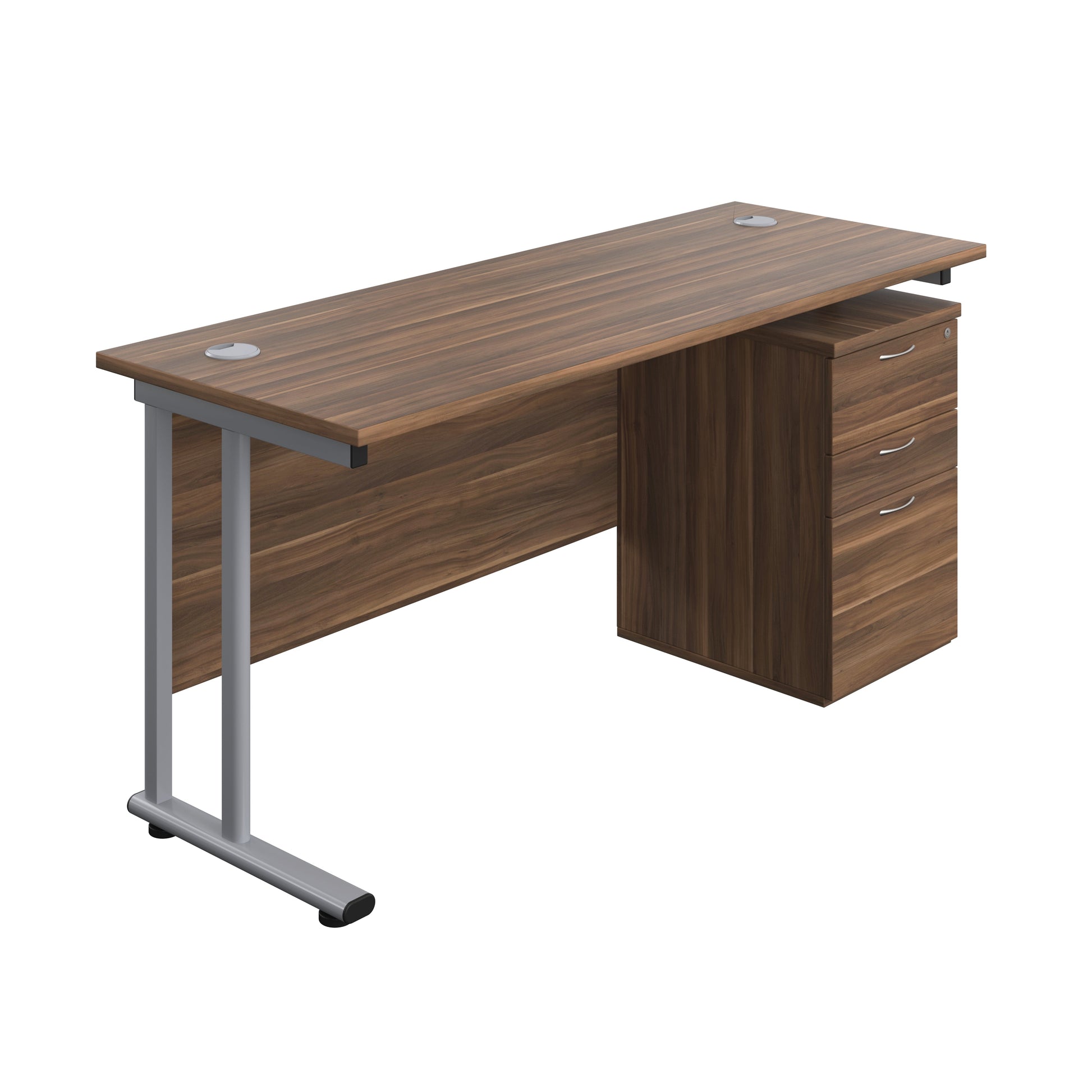 Twin Upright Rectangular Desk + High Mobile Pedestal 3 Drawer (FSC) | 1600X600 | Dark Walnut/Silver