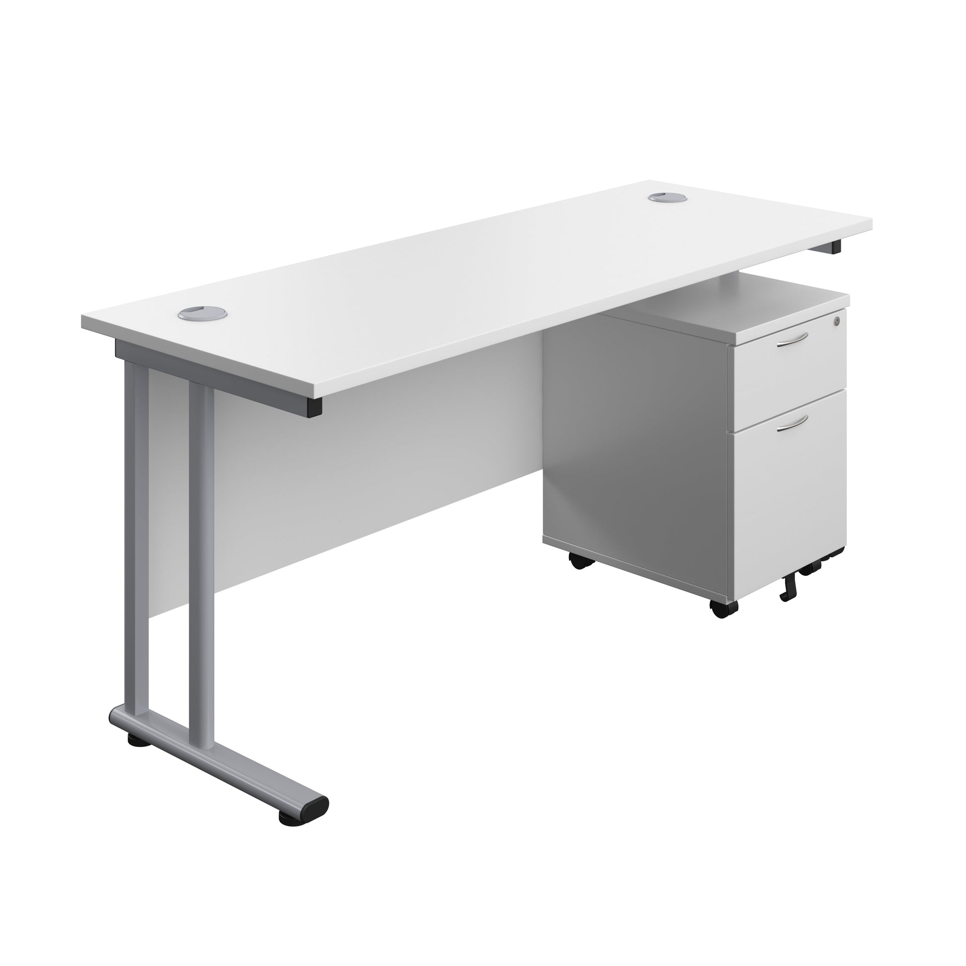 Twin Upright Rectangular Desk + Mobile 2 Drawer Pedestal (FSC) | 1600X600 | White/Silver