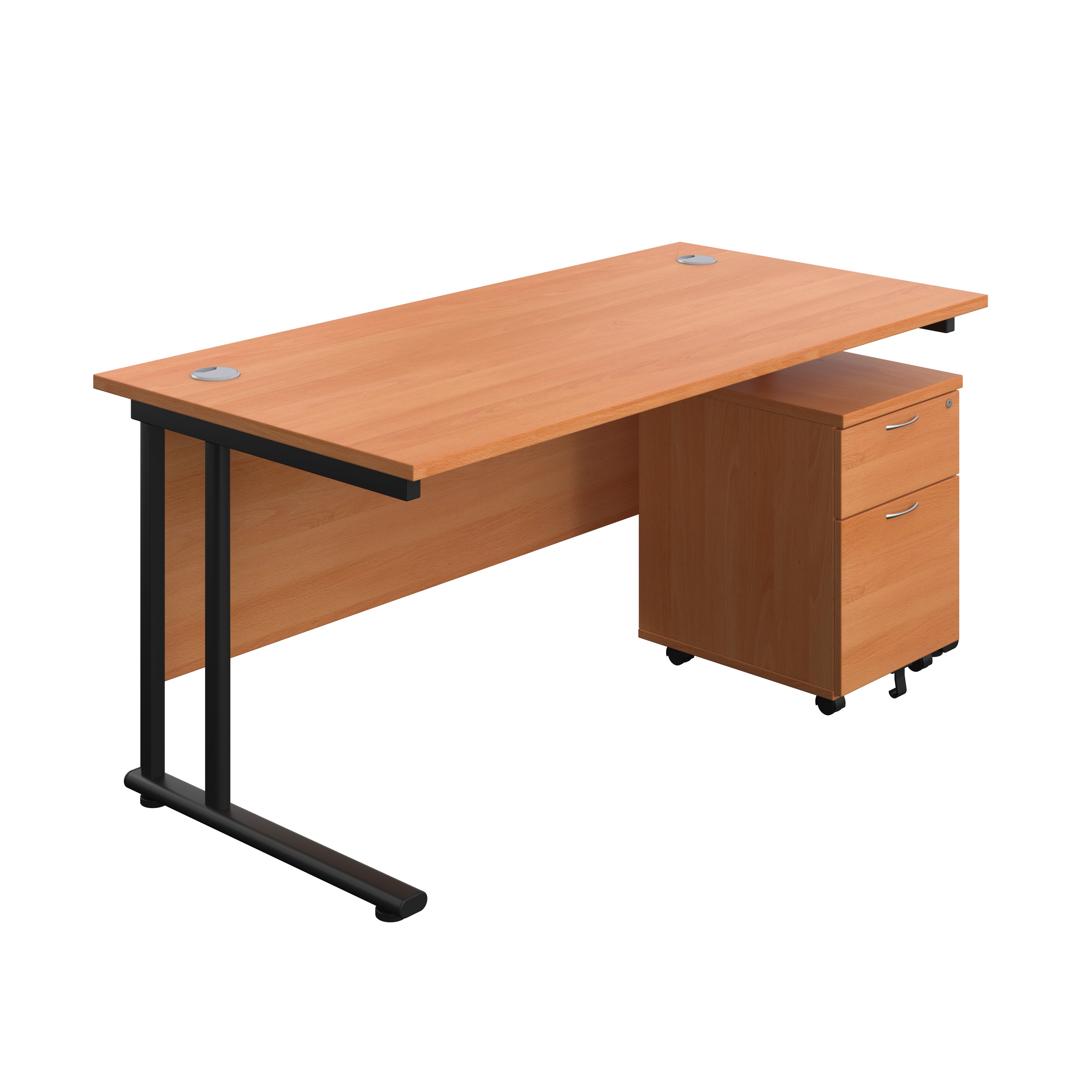 Twin Upright Rectangular Desk + Mobile 2 Drawer Pedestal (FSC) | 1600X800 | Beech/Black