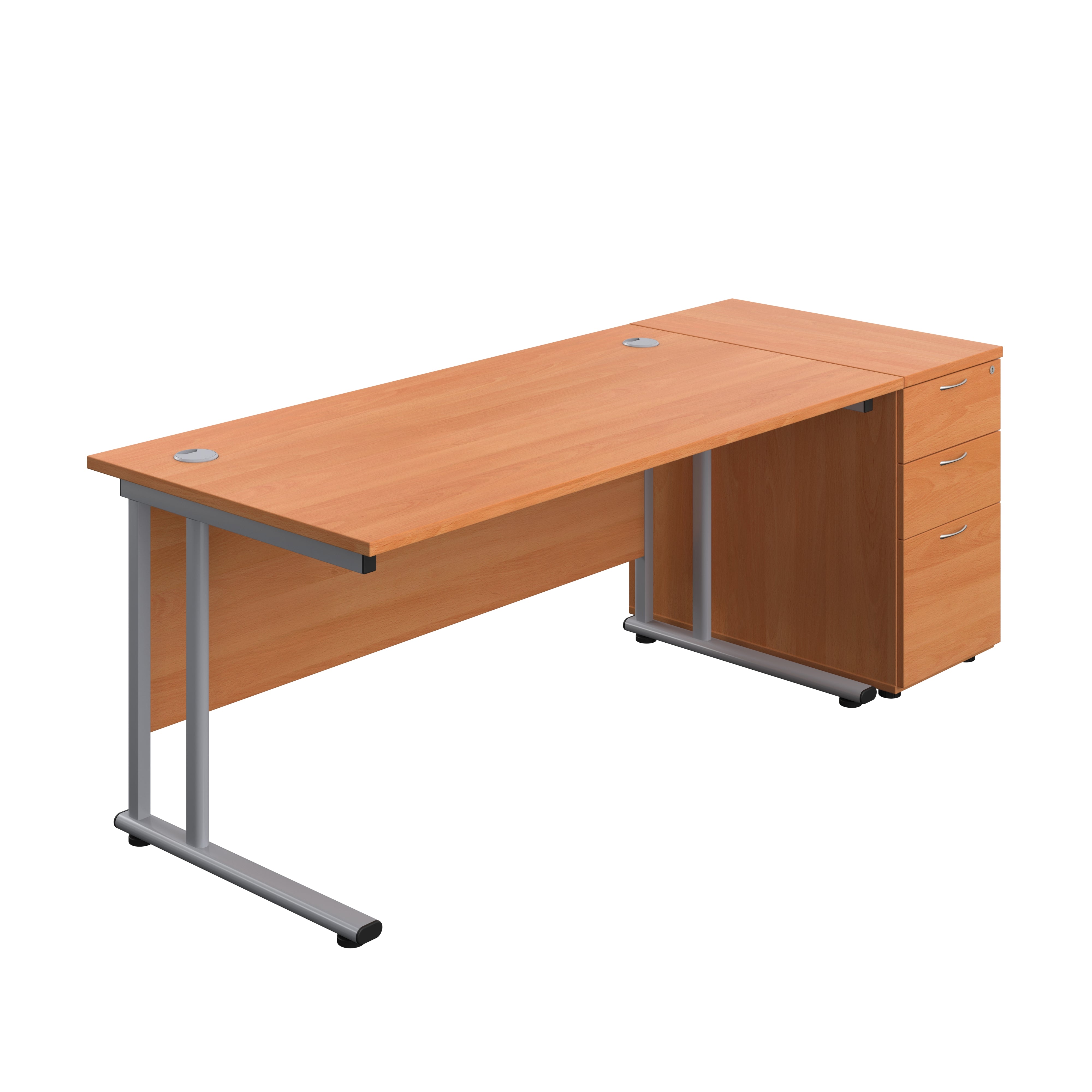Twin Upright Rectangular Desk + Desk High 3 Drawer Pedestal (FSC) | 1600X800 | Beech/Silver