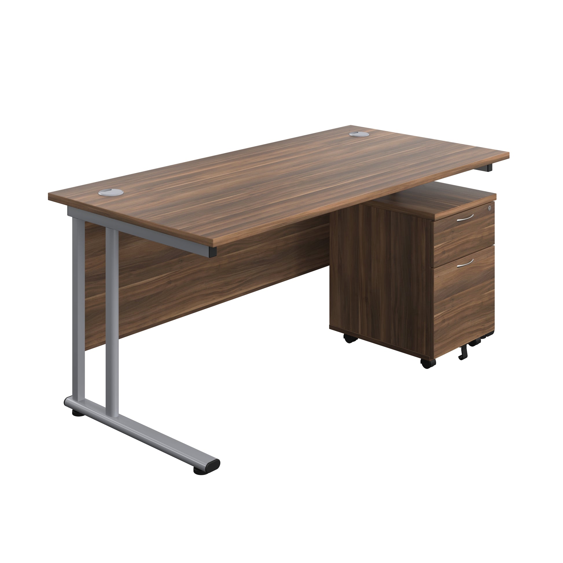 Twin Upright Rectangular Desk + Mobile 2 Drawer Pedestal (FSC) | 1600X800 | Dark Walnut/Silver