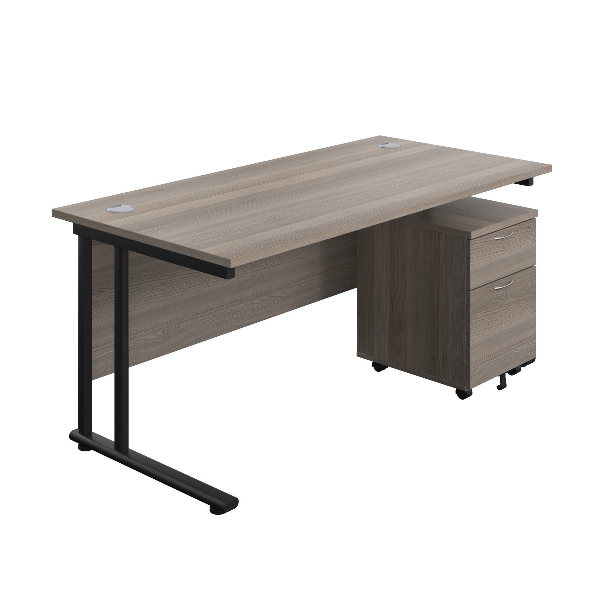 Twin Upright Rectangular Desk + Mobile 2 Drawer Pedestal (FSC) | 1600X800 | Grey Oak/Black
