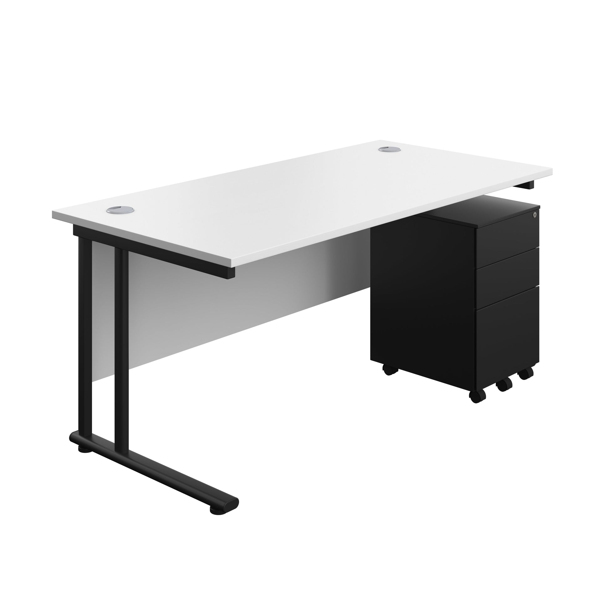 Twin Upright Rectangular Desk + Under Desk Steel Pedestal 3 Drawers (FSC) | 1600X800 | White/Black