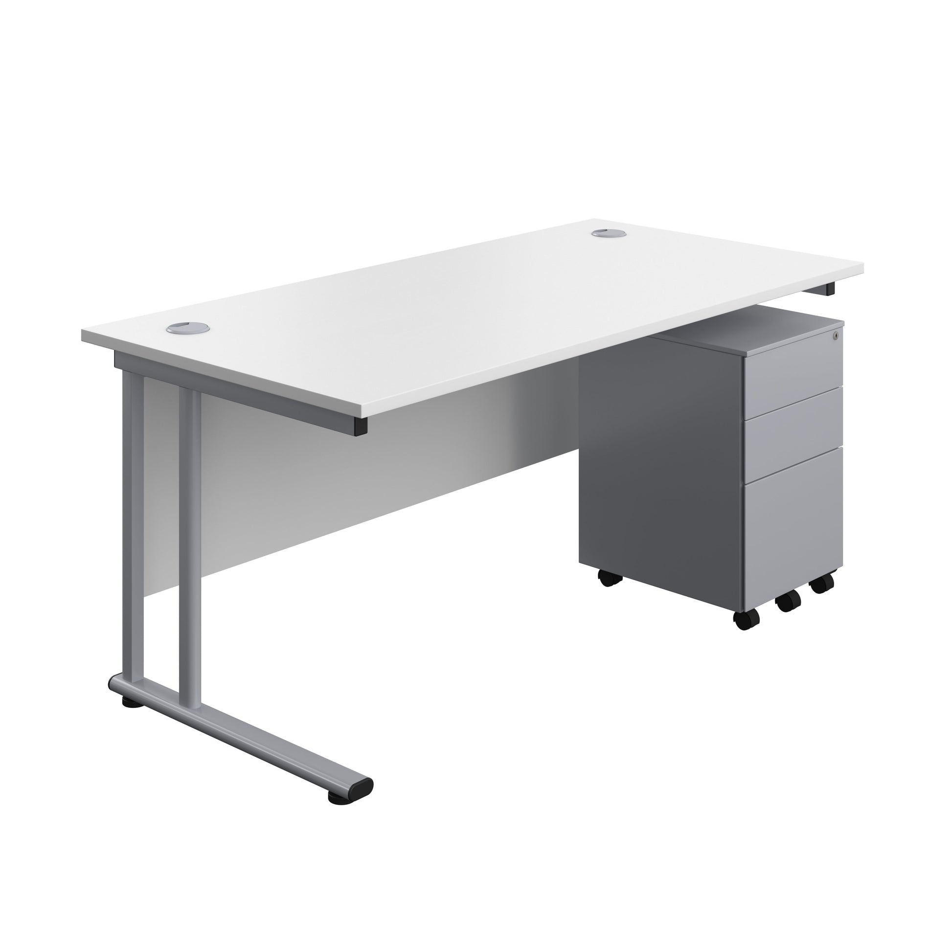 Twin Upright Rectangular Desk + Under Desk Steel Pedestal 3 Drawers (FSC) | 1600X800 | White/Silver