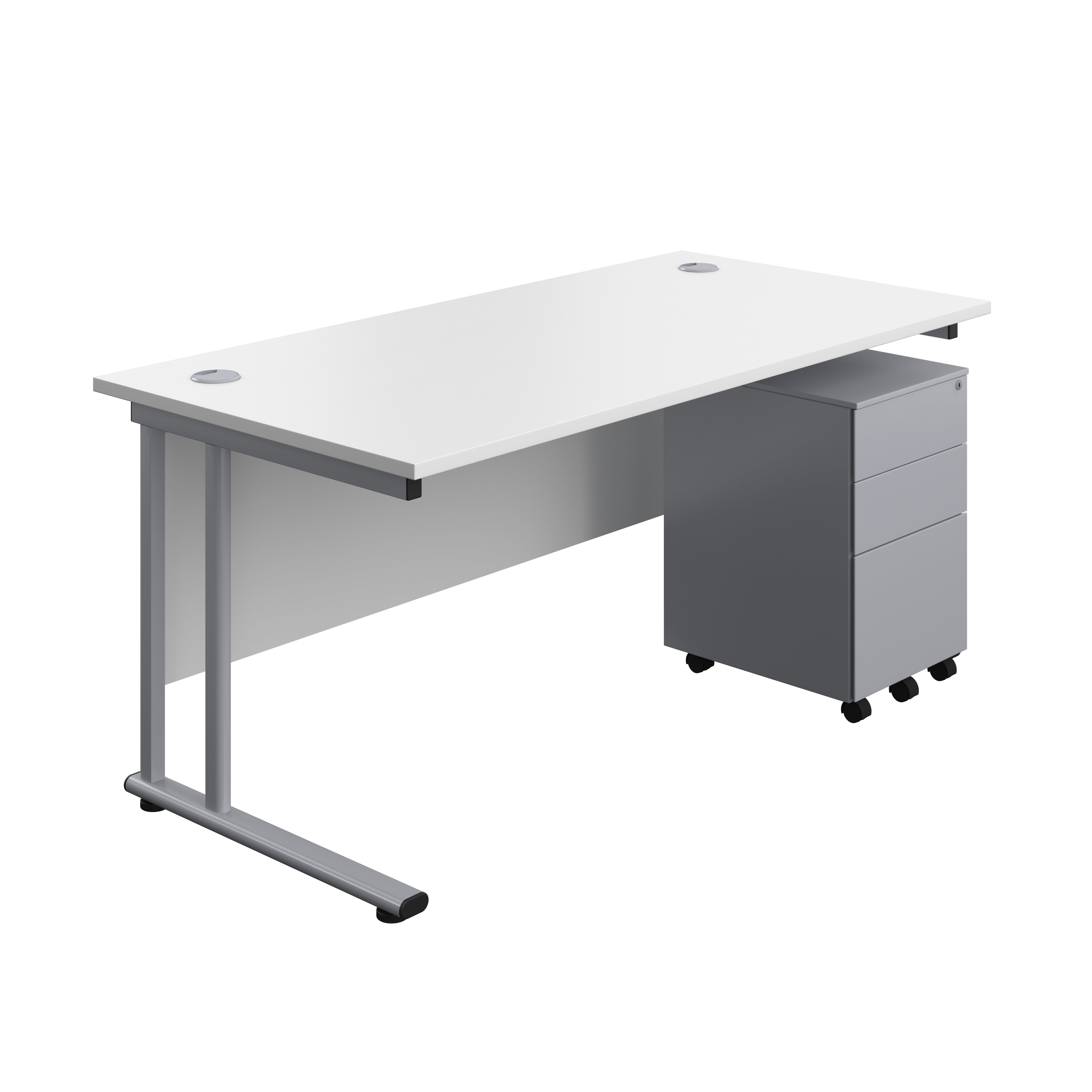 Twin Upright Rectangular Desk + Under Desk Steel Pedestal 3 Drawers (FSC) | 1600X800 | White/Silver