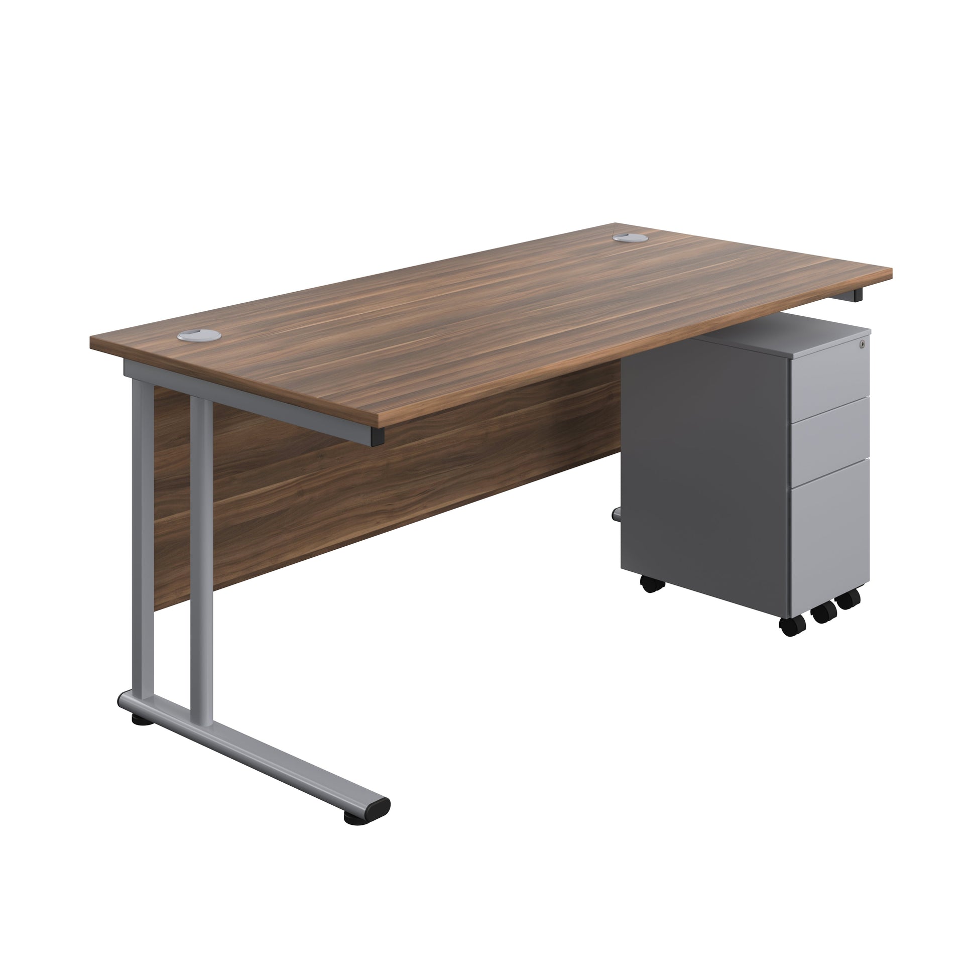 Twin Upright Rectangular Desk + Slimline Steel Pedestal 3 Drawers (FSC) | 1600X800 | Dark Walnut/Silver