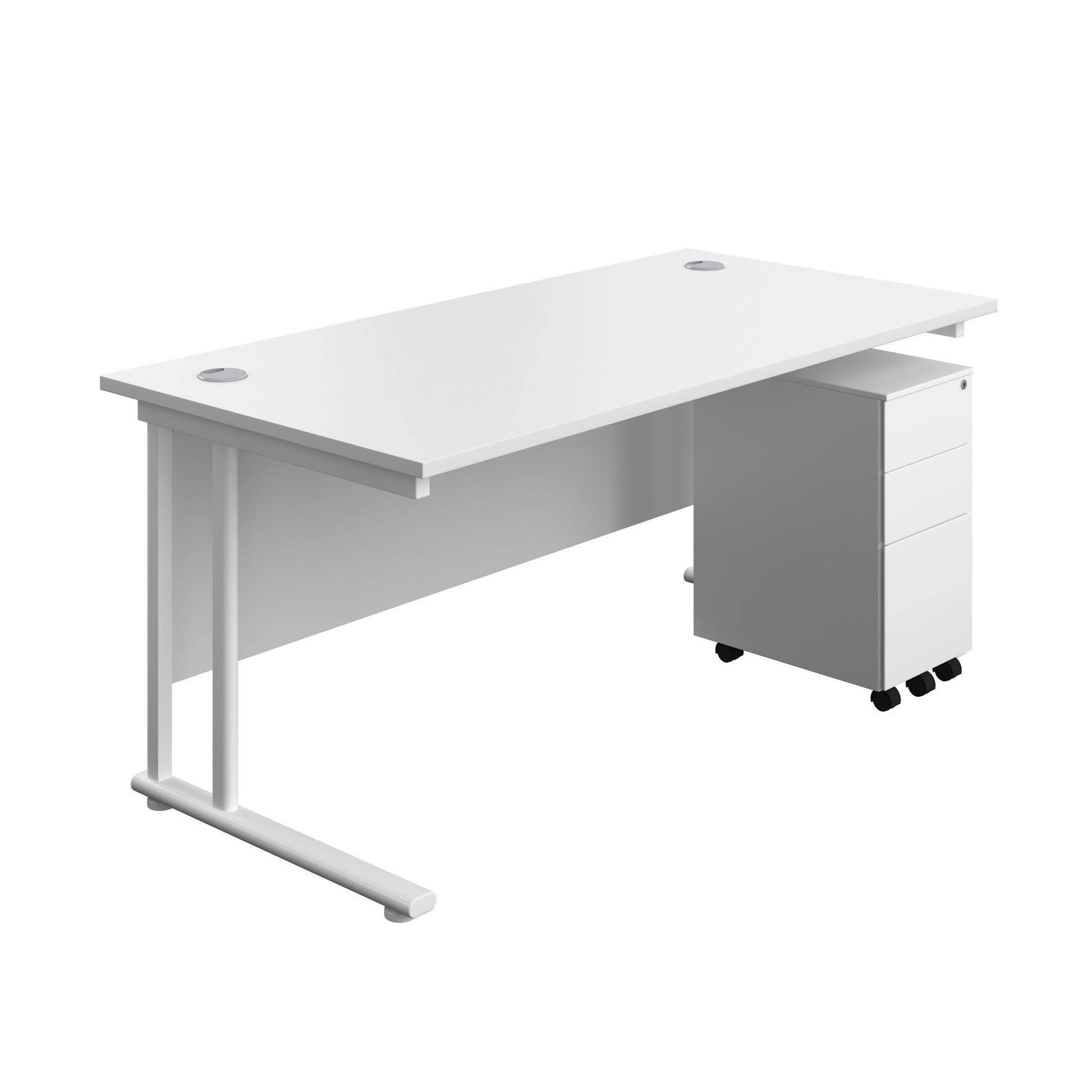 Twin Upright Rectangular Desk + Slimline Steel Pedestal 3 Drawers (FSC) | 1600X800 | White/White