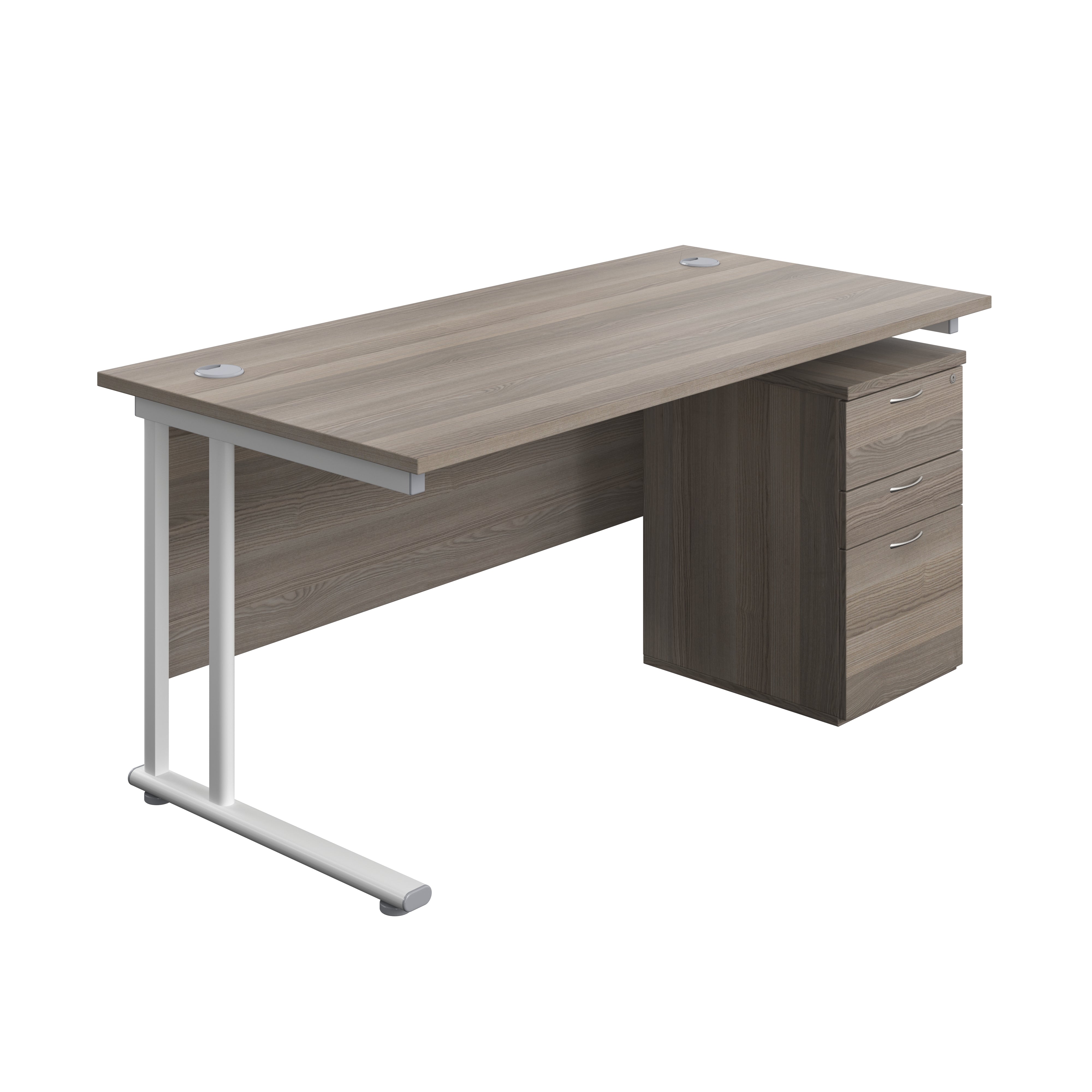Twin Upright Rectangular Desk + High Mobile Pedestal 3 Drawer (FSC) | 1600X800 | Grey Oak/White