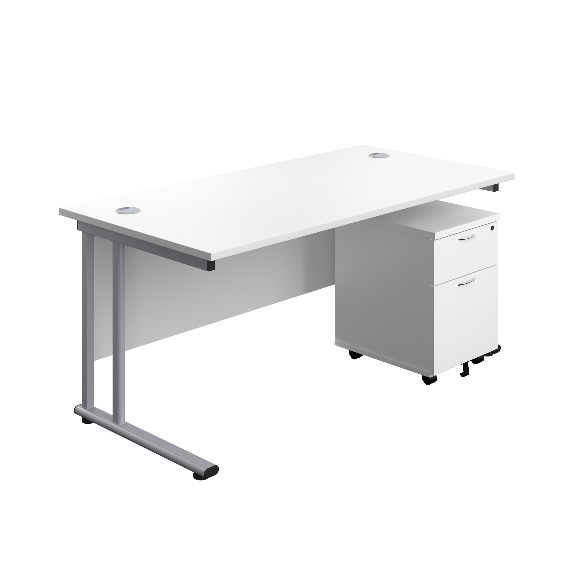 Twin Upright Rectangular Desk + Mobile 2 Drawer Pedestal (FSC) | 1600X800 | White/Silver