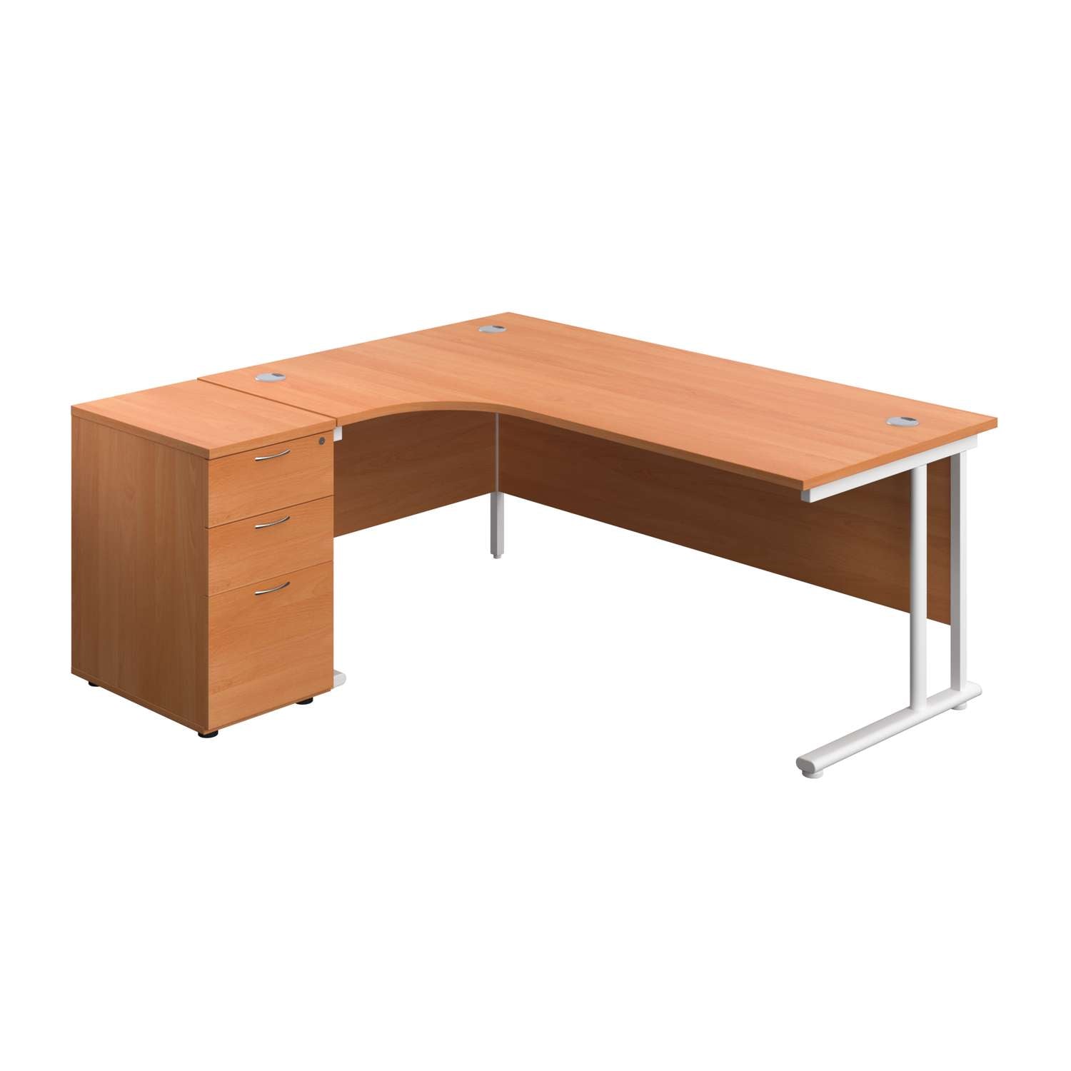 Twin Upright Left Hand Radial Desk + Desk High 3 Drawer Pedestal (FSC) | 1800X1200 | 600mm Deep Pedestal | Beech/White