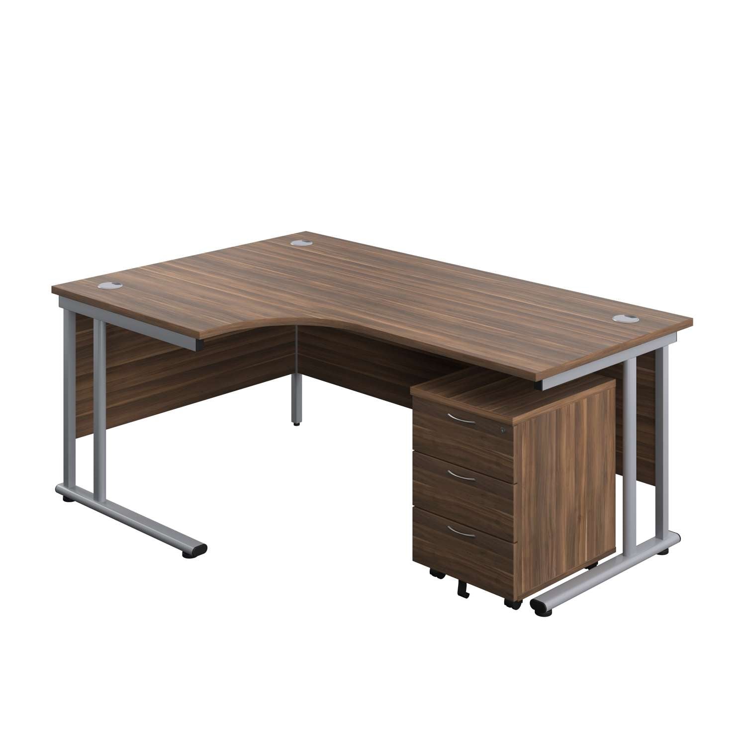 Twin Upright Left Hand Radial Desk + Mobile 3 Drawer Pedestal (FSC) | 1800X1200 | Dark Walnut/Silver