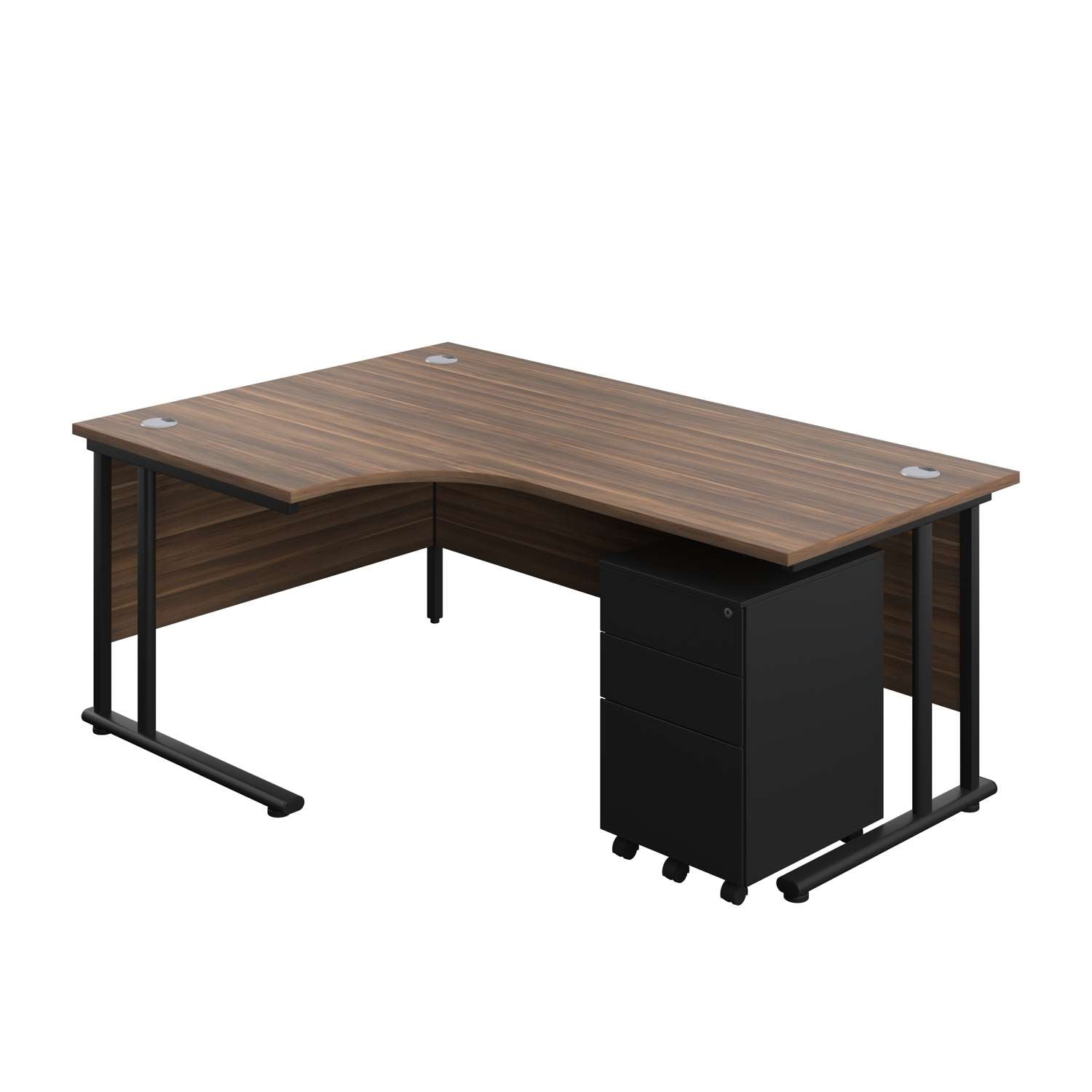 Twin Upright Left Hand Radial Desk + Under Desk Steel Pedestal 3 Drawers (FSC) | 1800X1200 | Dark Walnut/Black