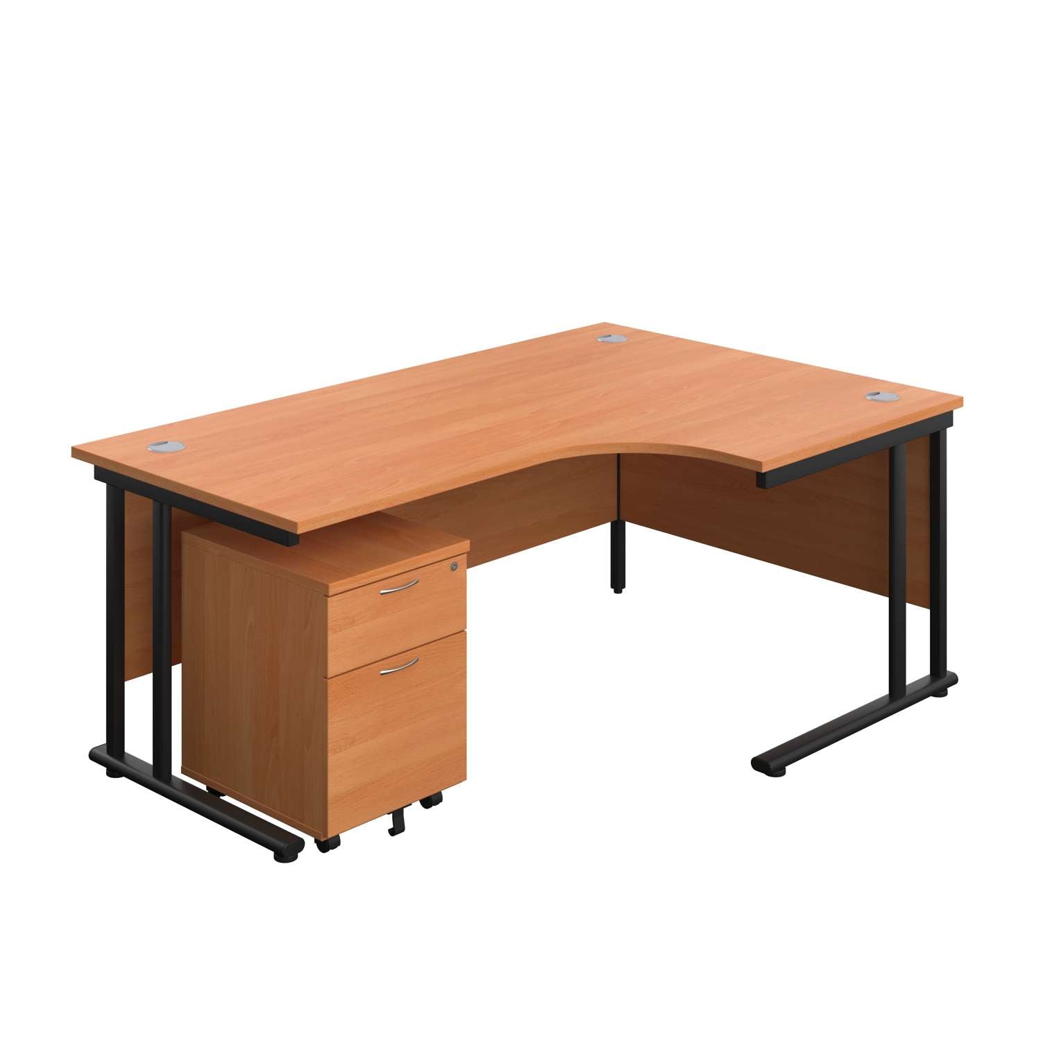Twin Upright Right Hand Radial Desk + Mobile 2 Drawer Pedestal (FSC) | 1800X1200 | Beech/Black