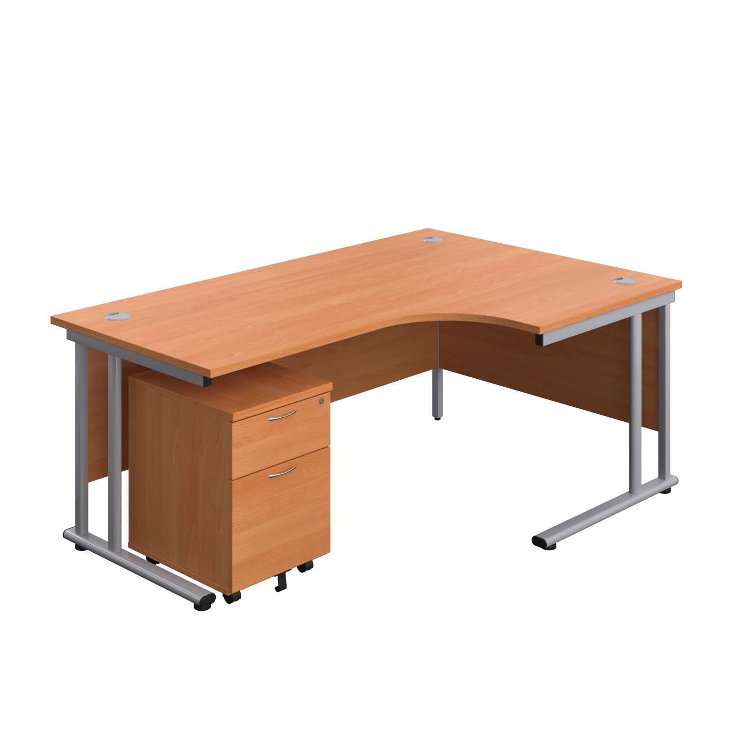 Twin Upright Right Hand Radial Desk + Mobile 2 Drawer Pedestal (FSC) | 1800X1200 | Beech/Silver