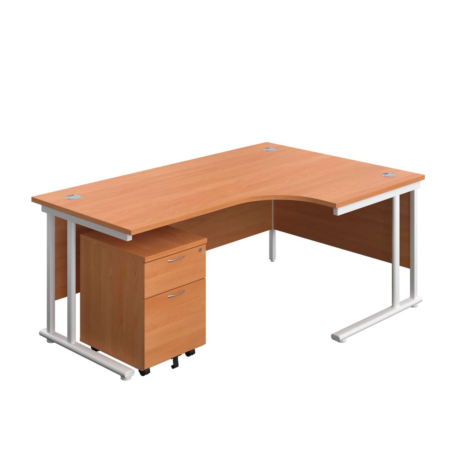 Twin Upright Right Hand Radial Desk + Mobile 2 Drawer Pedestal (FSC) | 1800X1200 | Beech/White