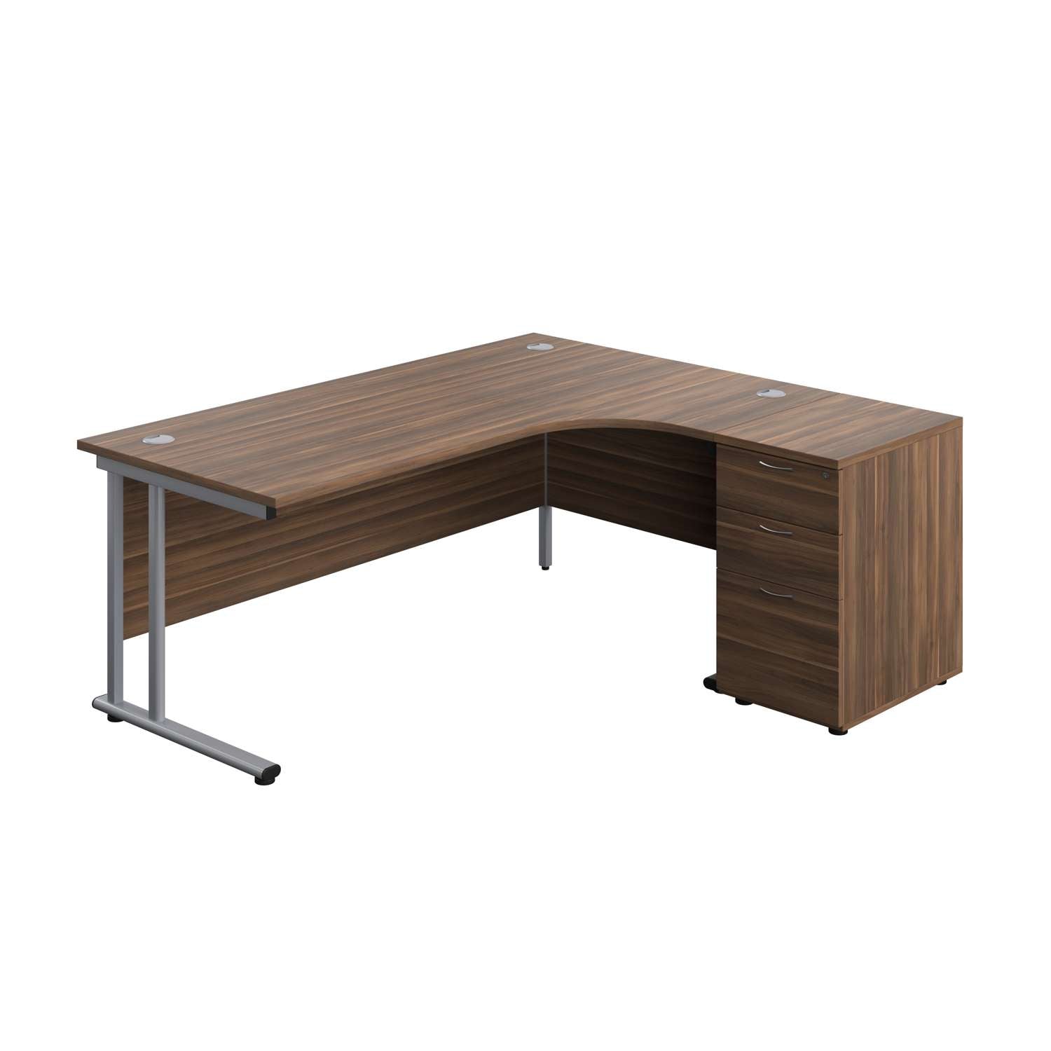 Twin Upright Right Hand Radial Desk + Desk High 3 Drawer Pedestal (FSC) | 1800X1200 | 600mm Deep Pedestal | Dark Walnut/Silver