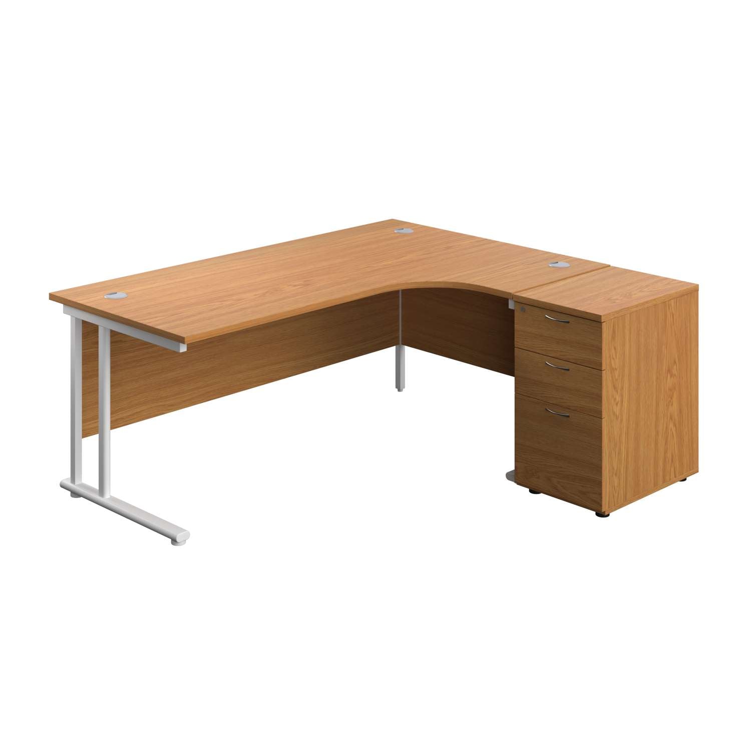 Twin Upright Right Hand Radial Desk + Desk High 3 Drawer Pedestal (FSC) | 1800X1200 | 600mm Deep Pedestal | Nova Oak/White