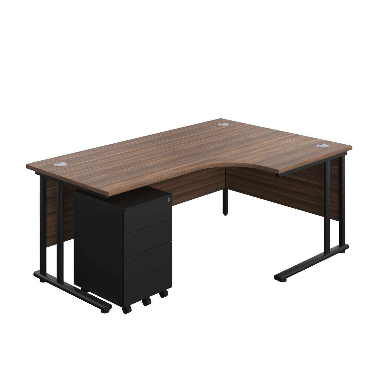 Twin Upright Right Hand Radial Desk + Under Desk Steel Pedestal 3 Drawers (FSC) | 1800X1200 | Dark Walnut/Black