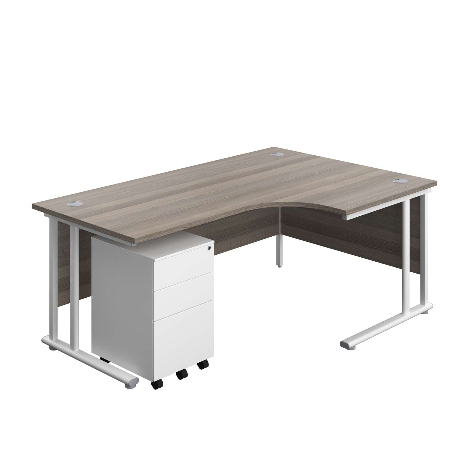 Twin Upright Right Hand Radial Desk + Under Desk Steel Pedestal 3 Drawers (FSC) | 1800X1200 | Grey Oak/White
