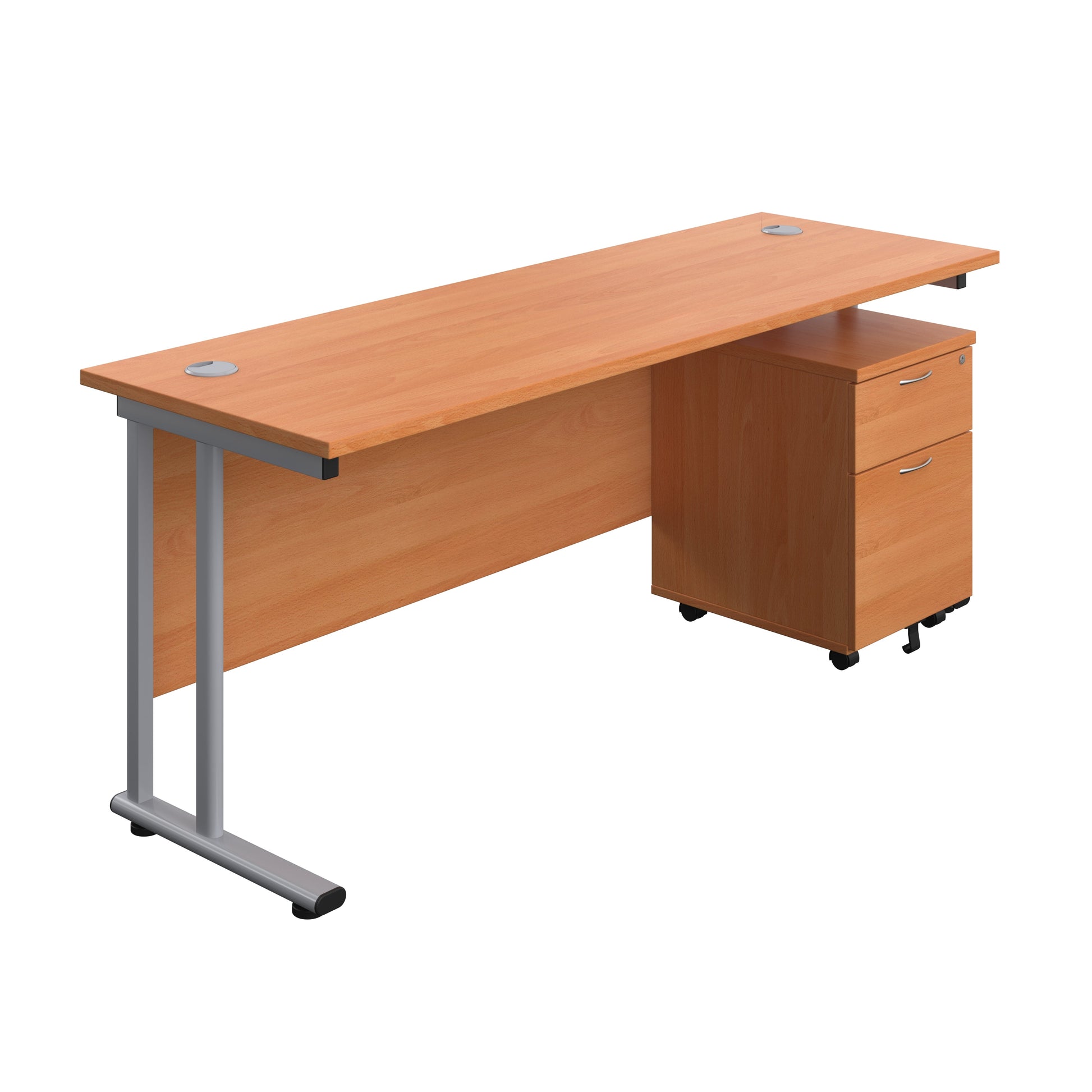 Twin Upright Rectangular Desk + Mobile 2 Drawer Pedestal (FSC) | 1800X600 | Beech/Silver