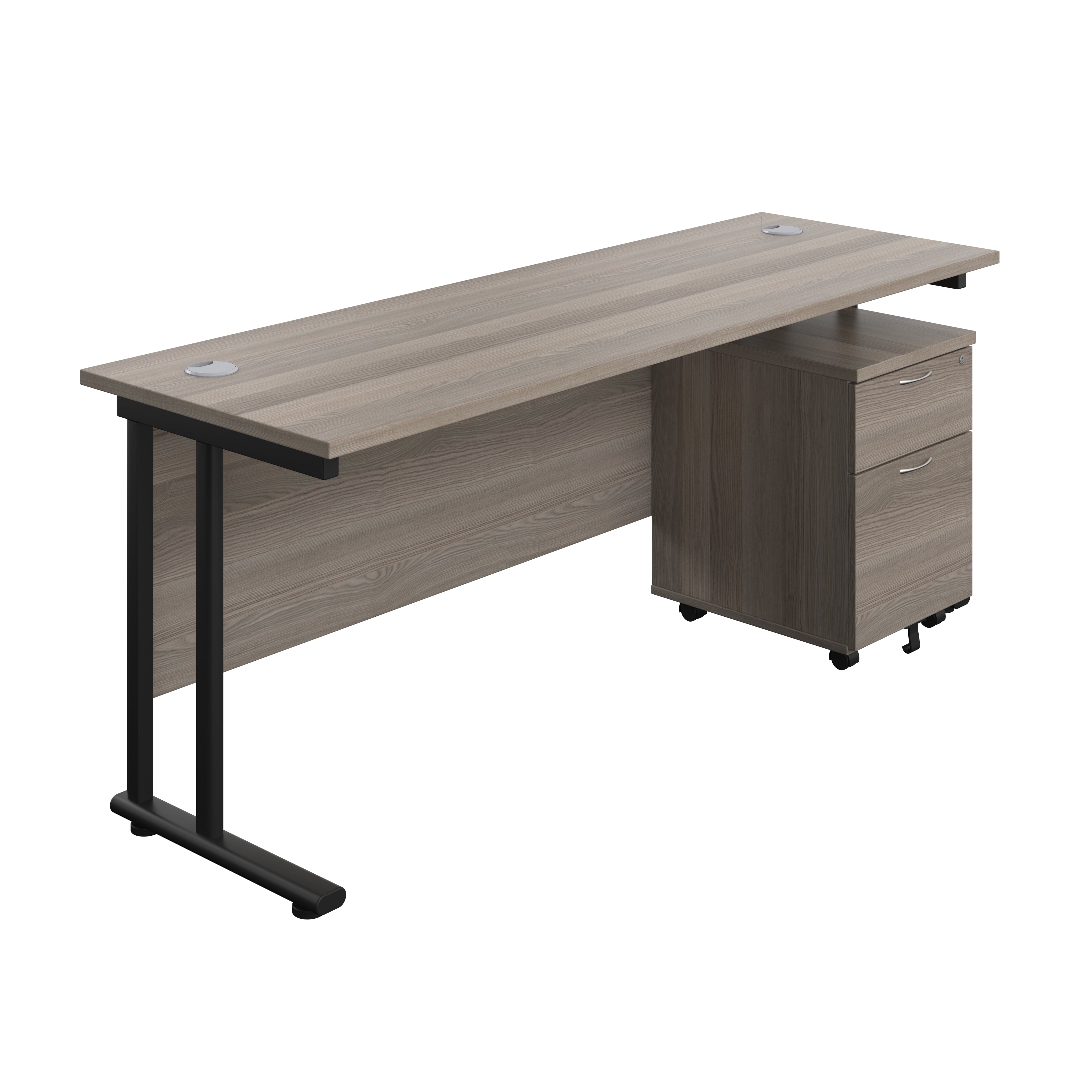 Twin Upright Rectangular Desk + Mobile 2 Drawer Pedestal (FSC) | 1800X600 | Grey Oak/Black