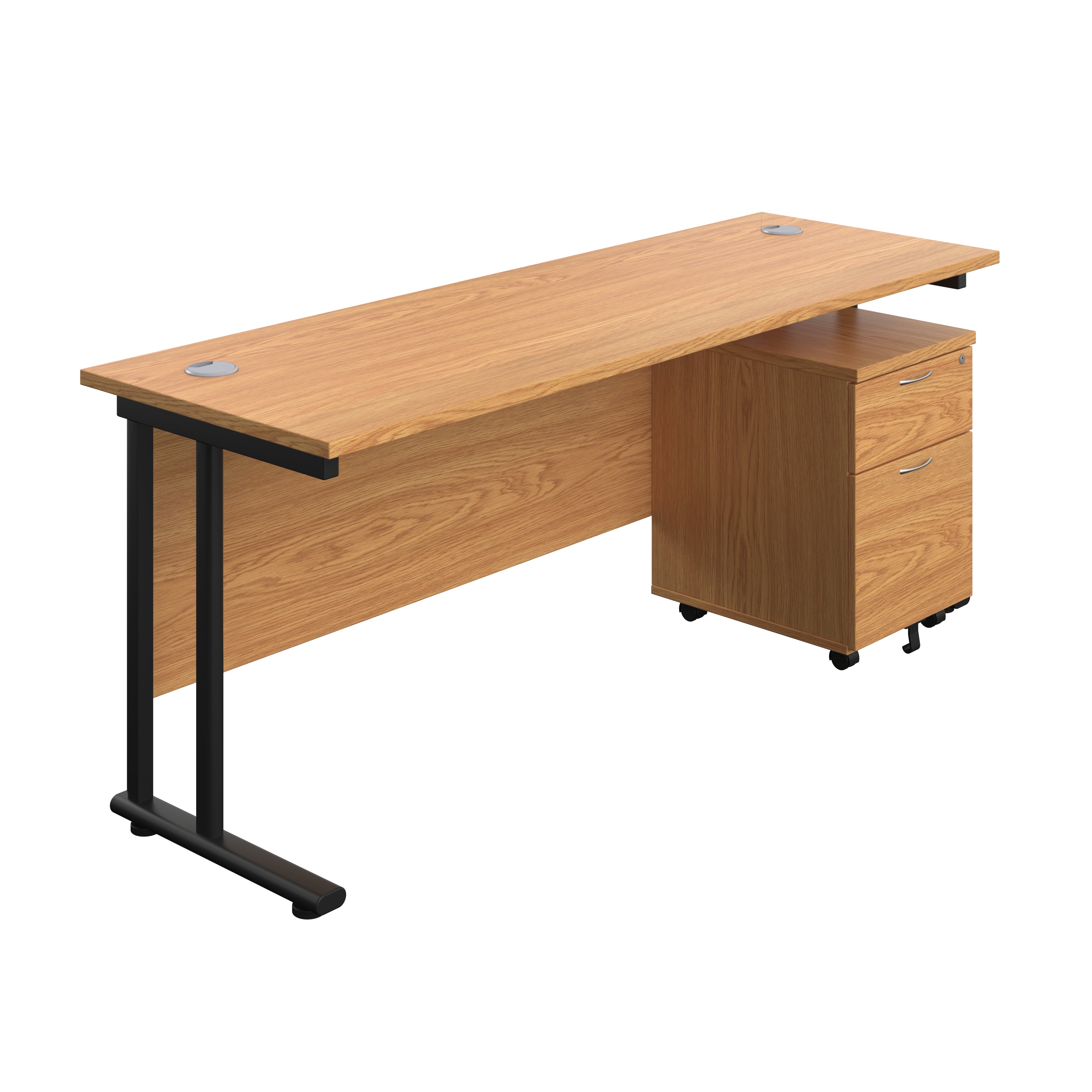 Twin Upright Rectangular Desk + Mobile 2 Drawer Pedestal (FSC) | 1800X600 | Nova Oak/Black