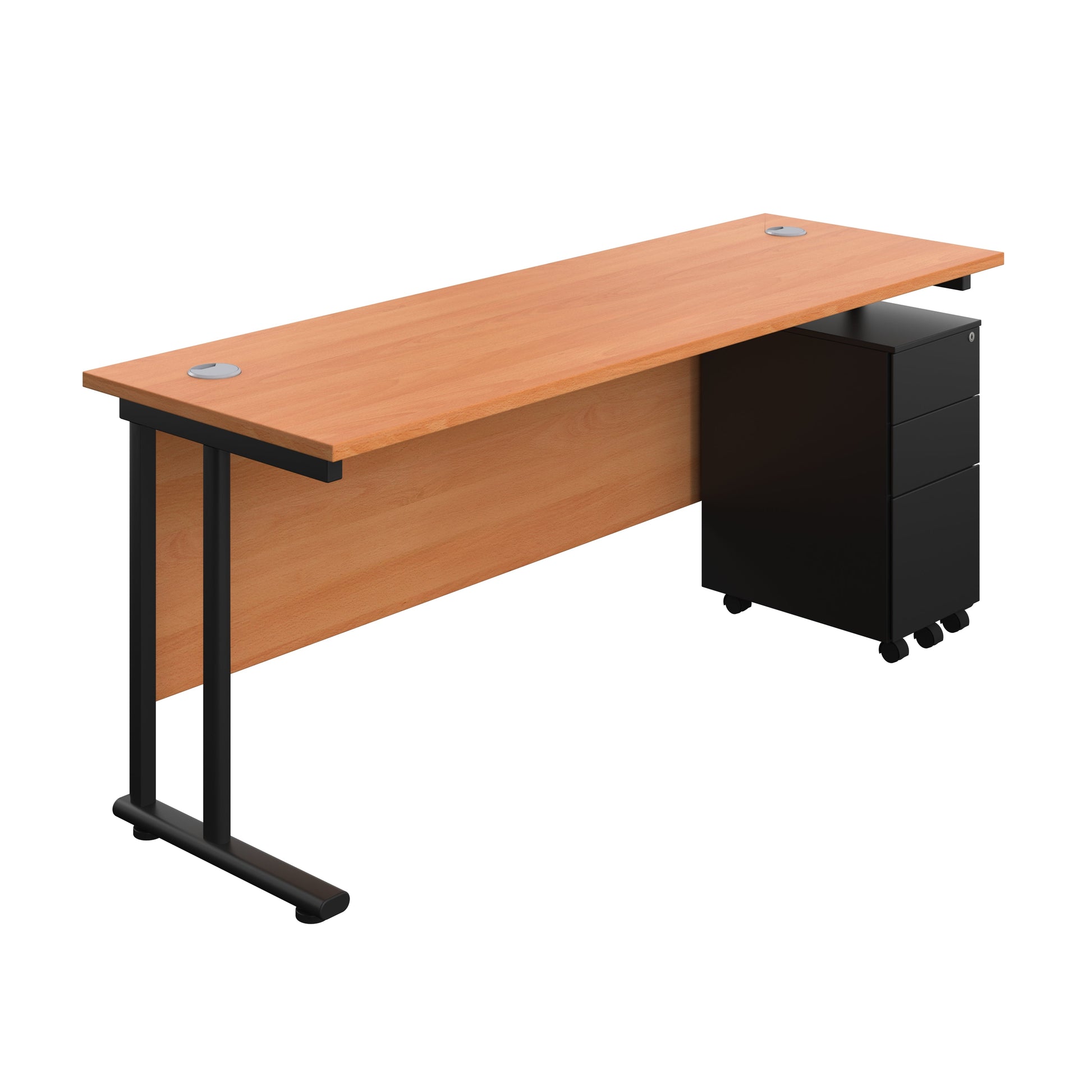 Twin Upright Rectangular Desk + Slimline Steel Pedestal 3 Drawers (FSC) | 1800X600 | Beech/Black
