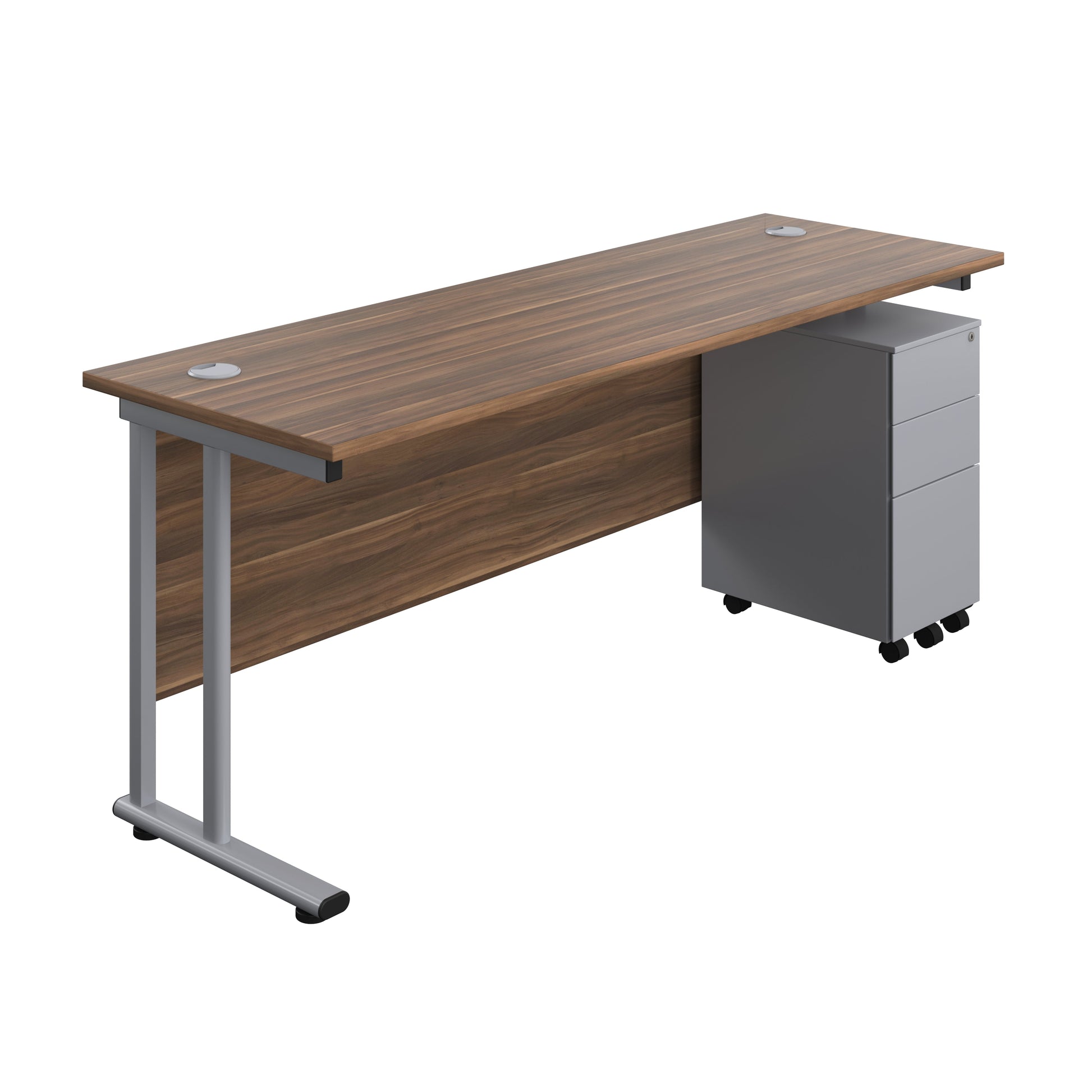 Twin Upright Rectangular Desk + Slimline Steel Pedestal 3 Drawers (FSC) | 1800X600 | Dark Walnut/Silver