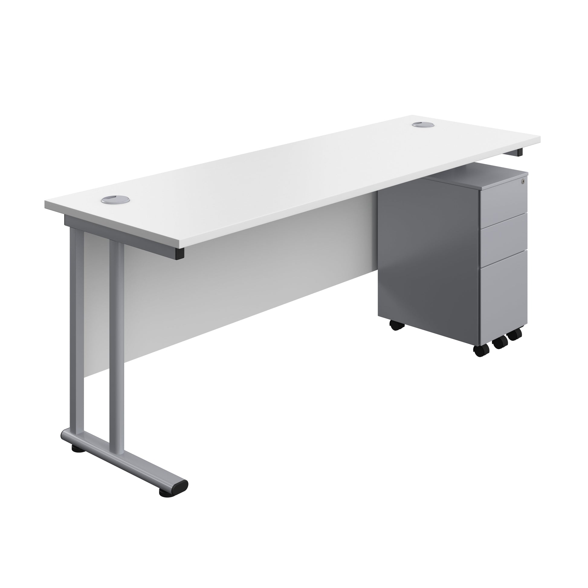 Twin Upright Rectangular Desk + Slimline Steel Pedestal 3 Drawers (FSC) | 1800X600 | White/Silver