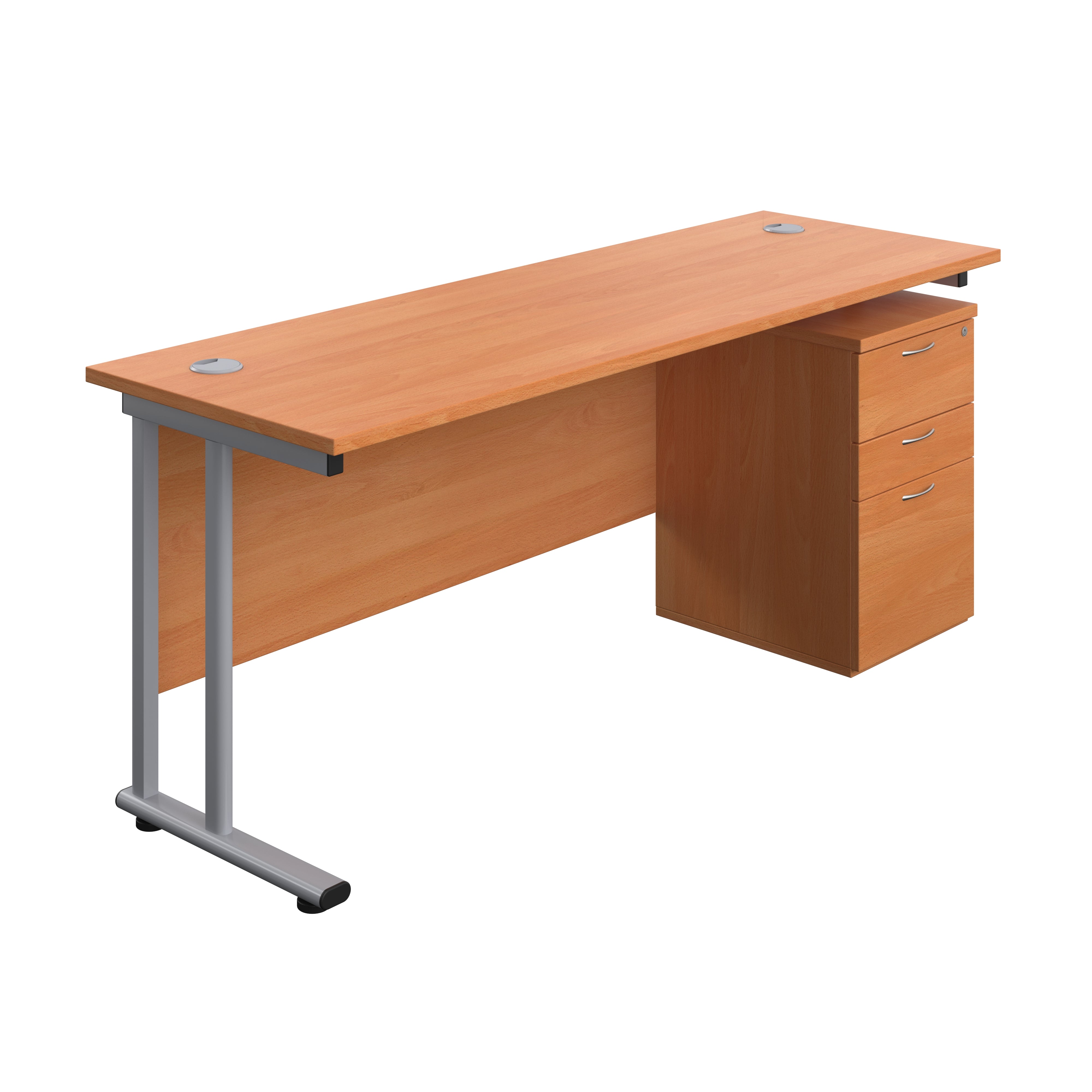 Twin Upright Rectangular Desk + High Mobile Pedestal 3 Drawer (FSC) | 1800X600 | Beech/Silver