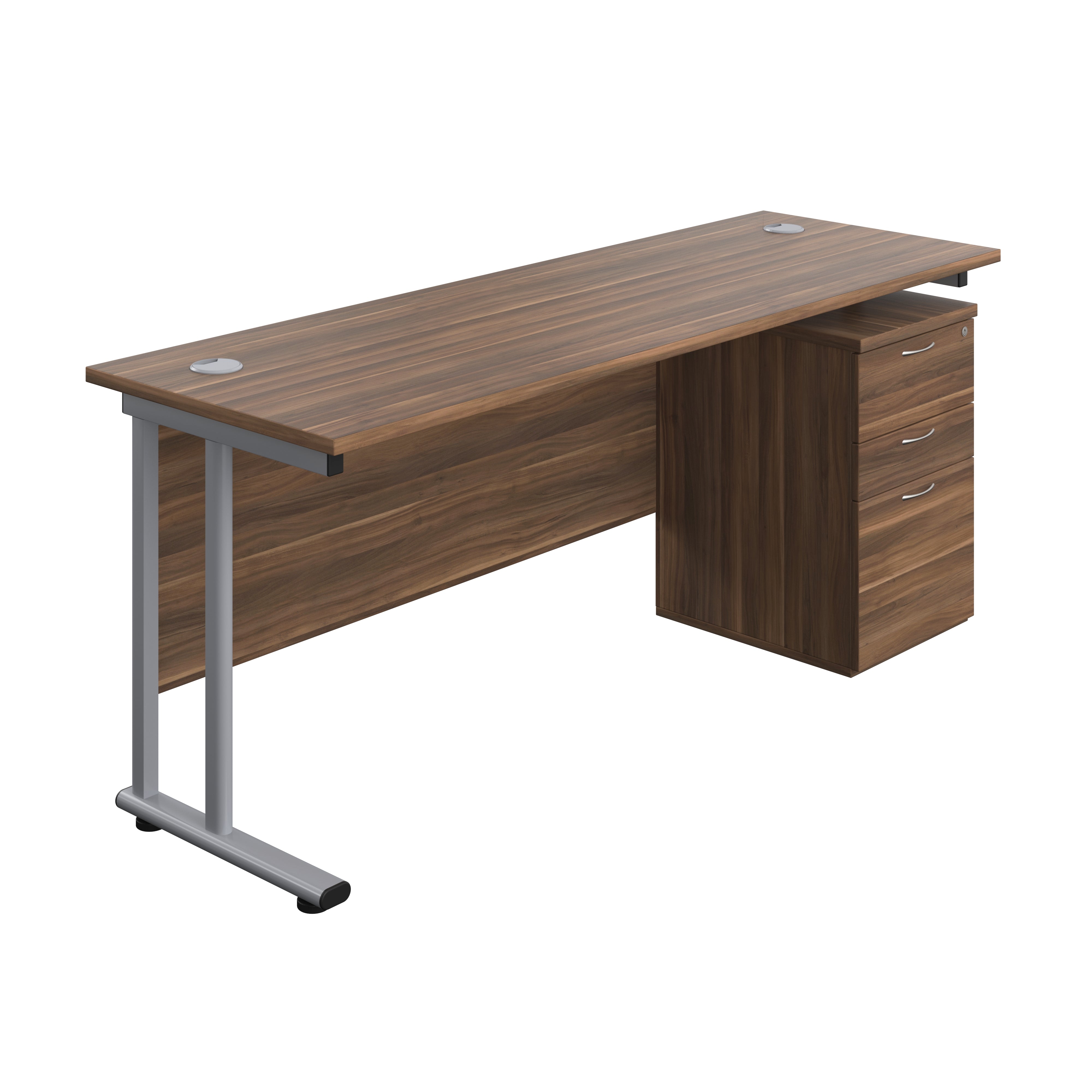 Twin Upright Rectangular Desk + High Mobile Pedestal 3 Drawer (FSC) | 1800X600 | Dark Walnut/Silver