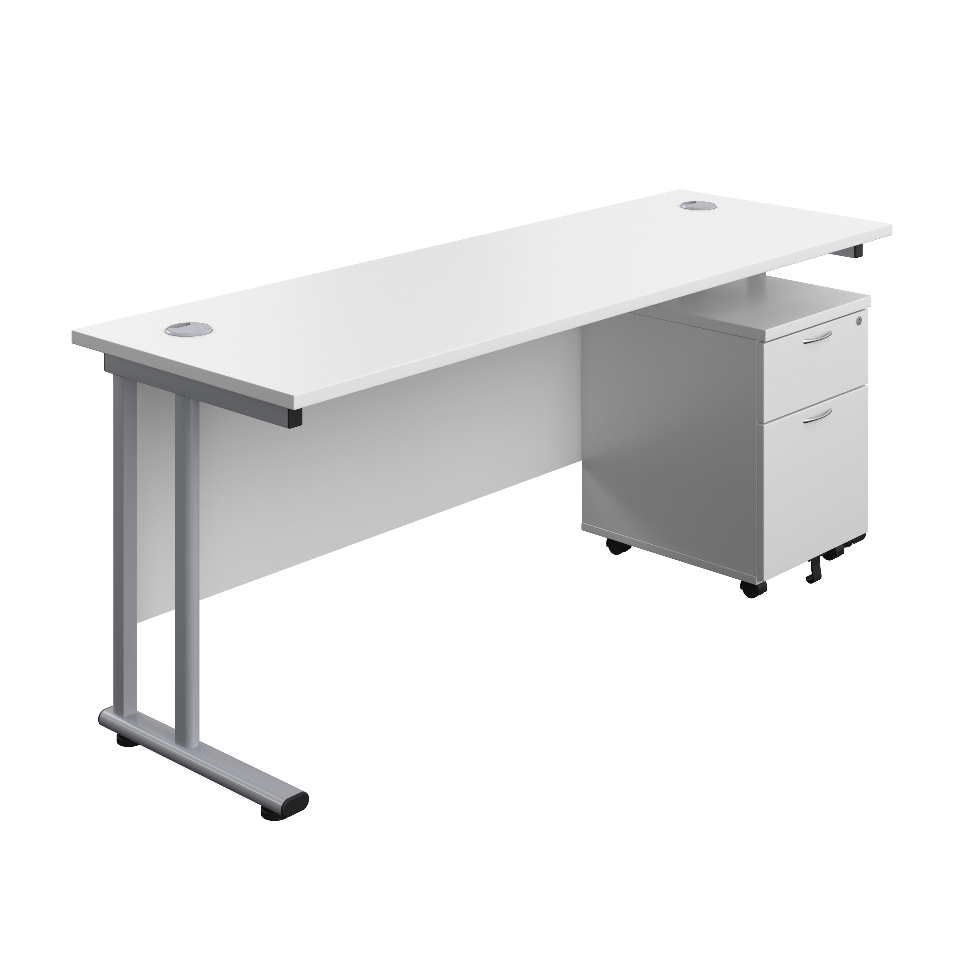 Twin Upright Rectangular Desk + Mobile 2 Drawer Pedestal (FSC) | 1800X600 | White/Silver