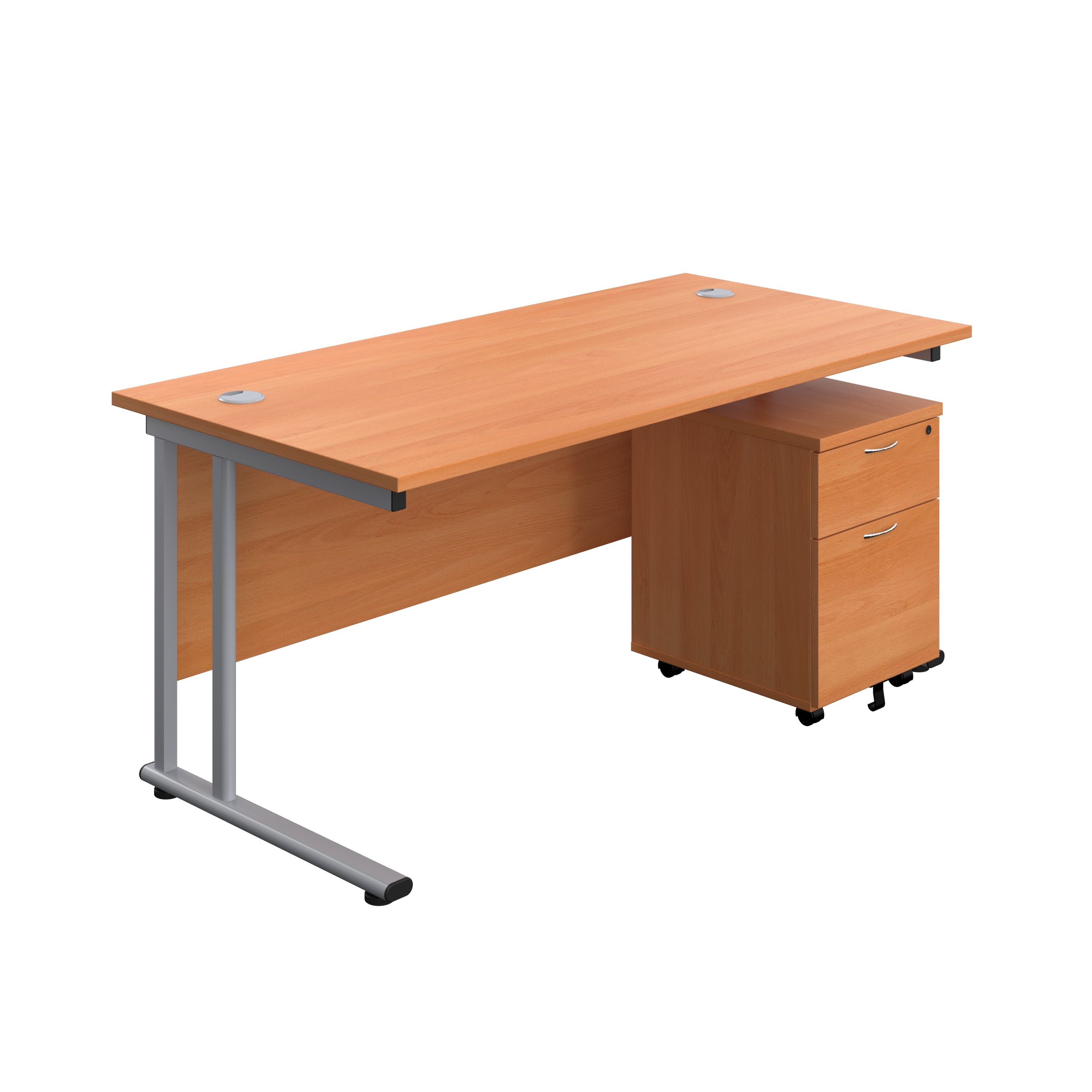 Twin Upright Rectangular Desk + Mobile 2 Drawer Pedestal (FSC) | 1800X800 | Beech/Silver