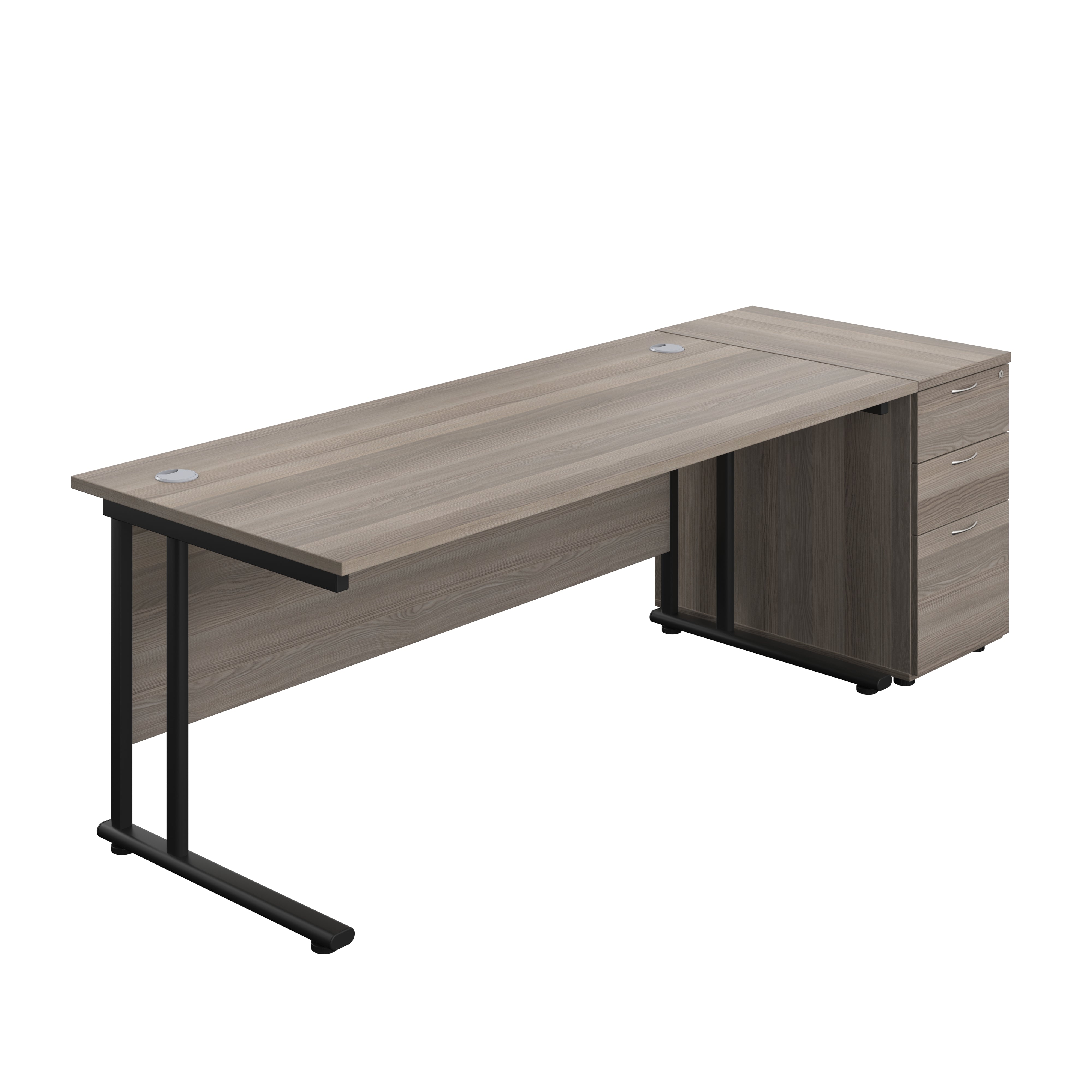 Twin Upright Rectangular Desk + Desk High 3 Drawer Pedestal (FSC) | 1800X800 | Grey Oak/Black