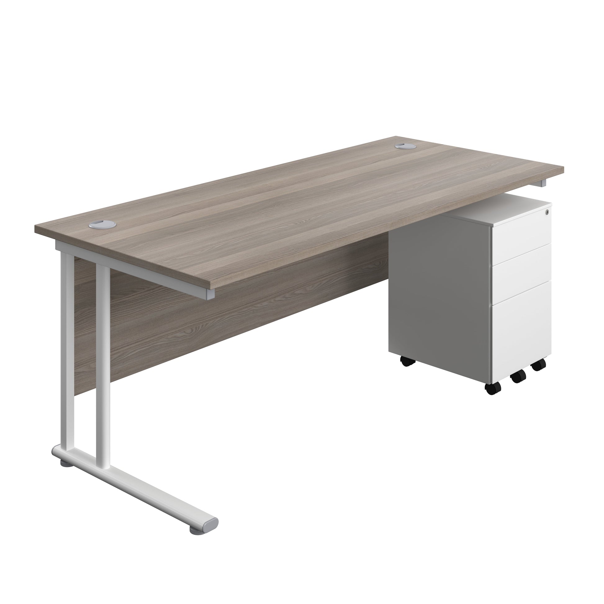 Twin Upright Rectangular Desk + Under Desk Steel Pedestal 3 Drawers (FSC) | 1800X800 | Grey Oak/White