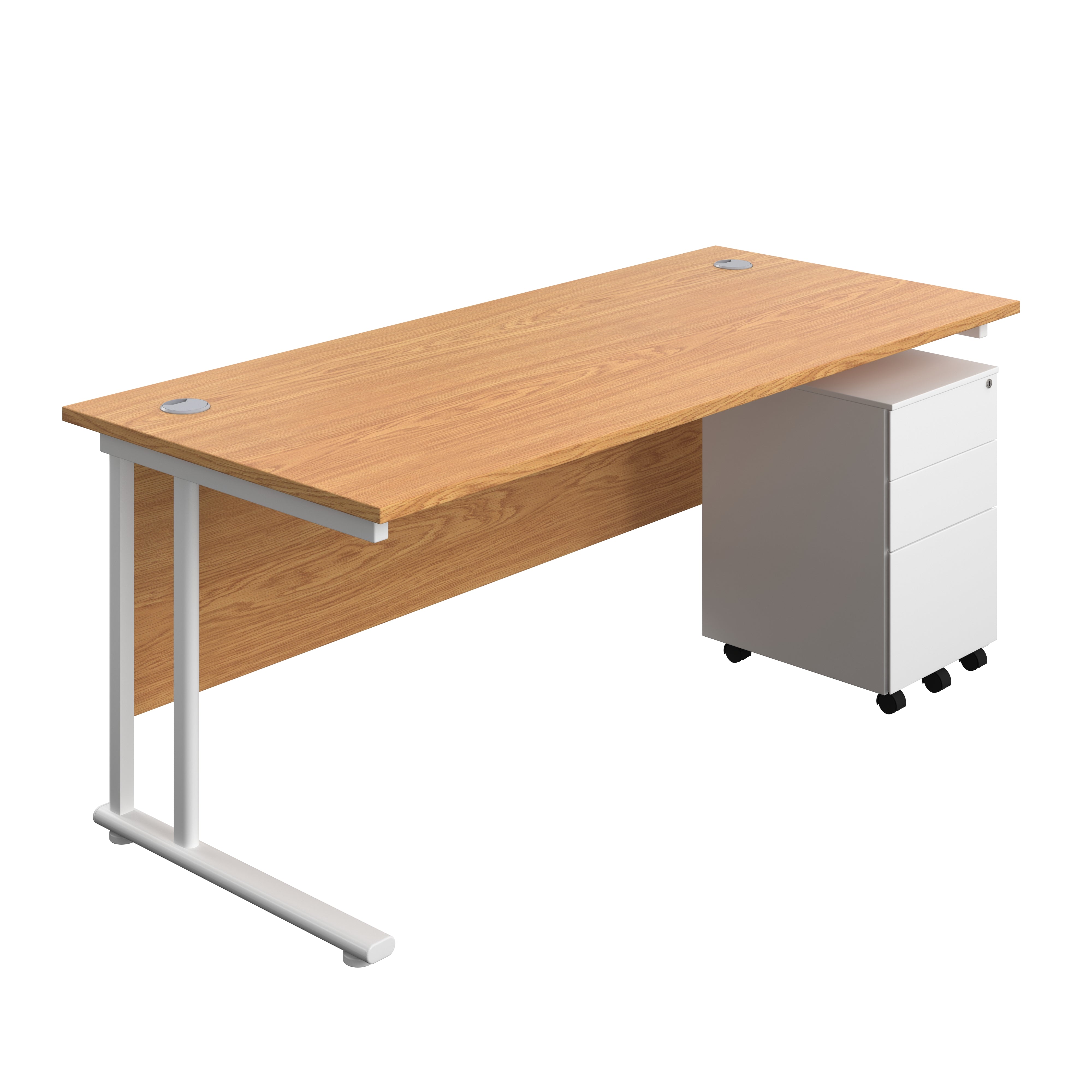 Twin Upright Rectangular Desk + Under Desk Steel Pedestal 3 Drawers (FSC) | 1800X800 | Nova Oak/White