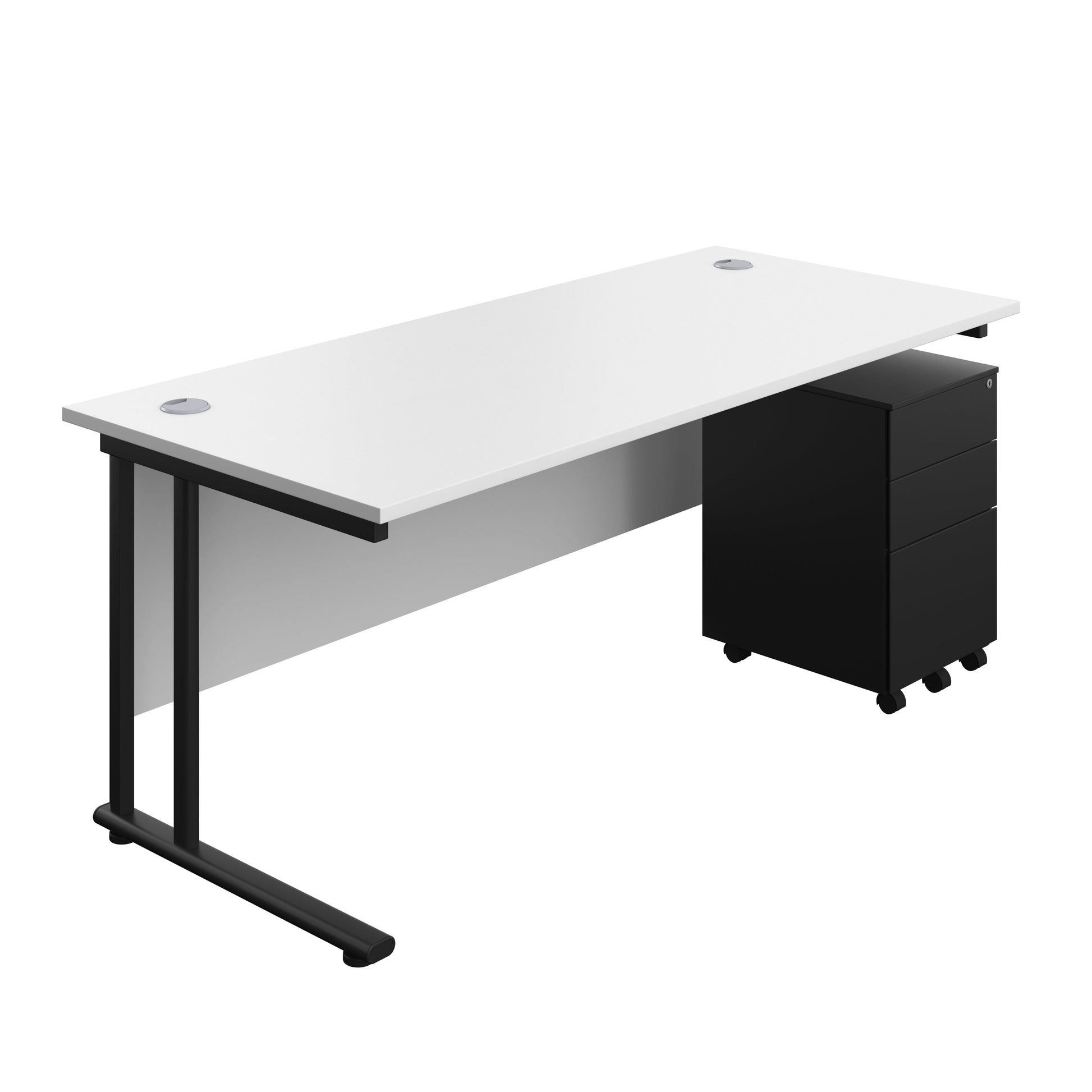 Twin Upright Rectangular Desk + Under Desk Steel Pedestal 3 Drawers (FSC) | 1800X800 | White/Black